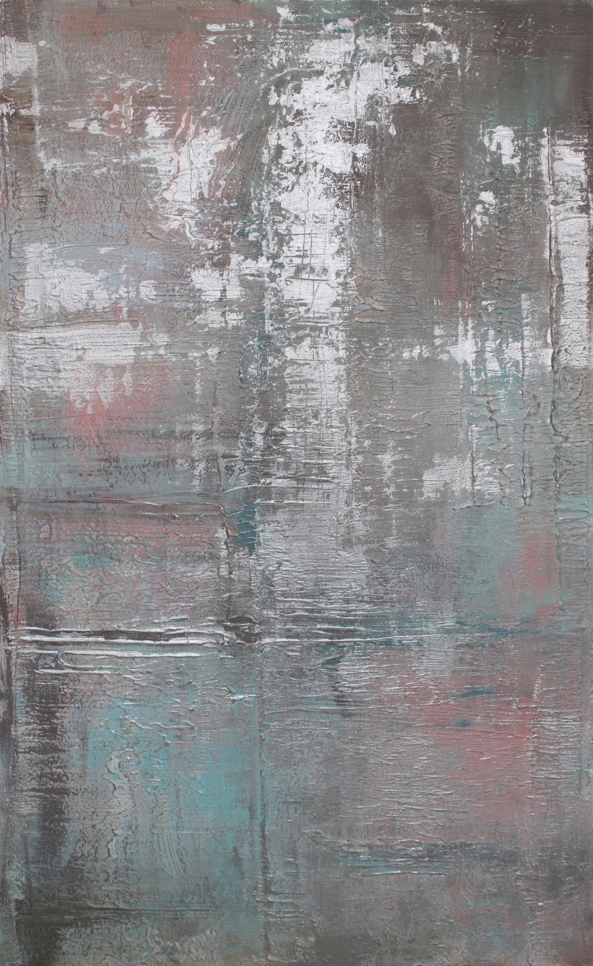 Irena Orlov Abstract Painting - Silver Pink Abstract Heavy Textured Mixed Medium on Canvas, Calm Water 30 x 48"