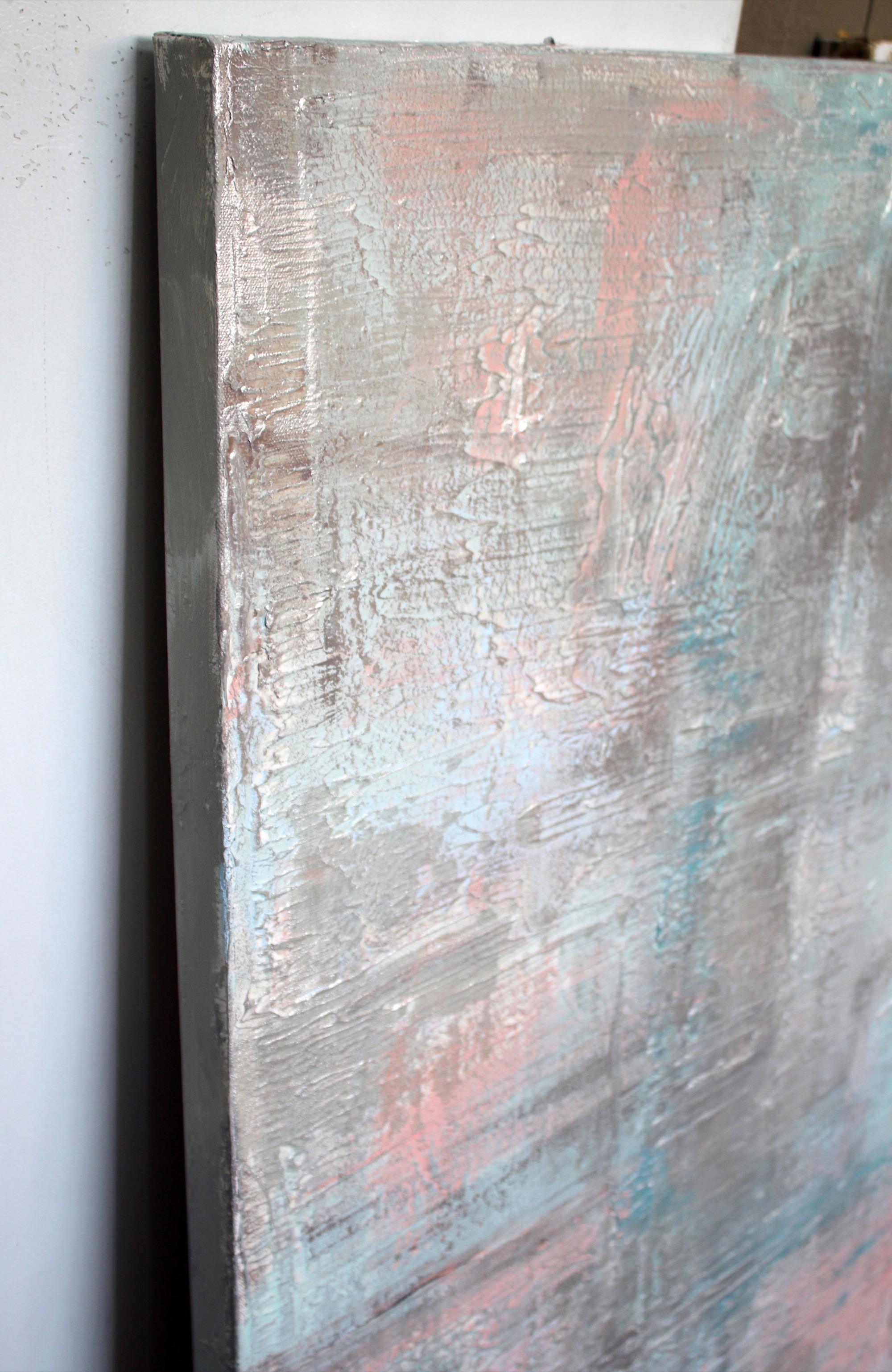Silver Pink Abstract Heavy Textured Mixed Medium on Canvas, Calm Water 30 x 48