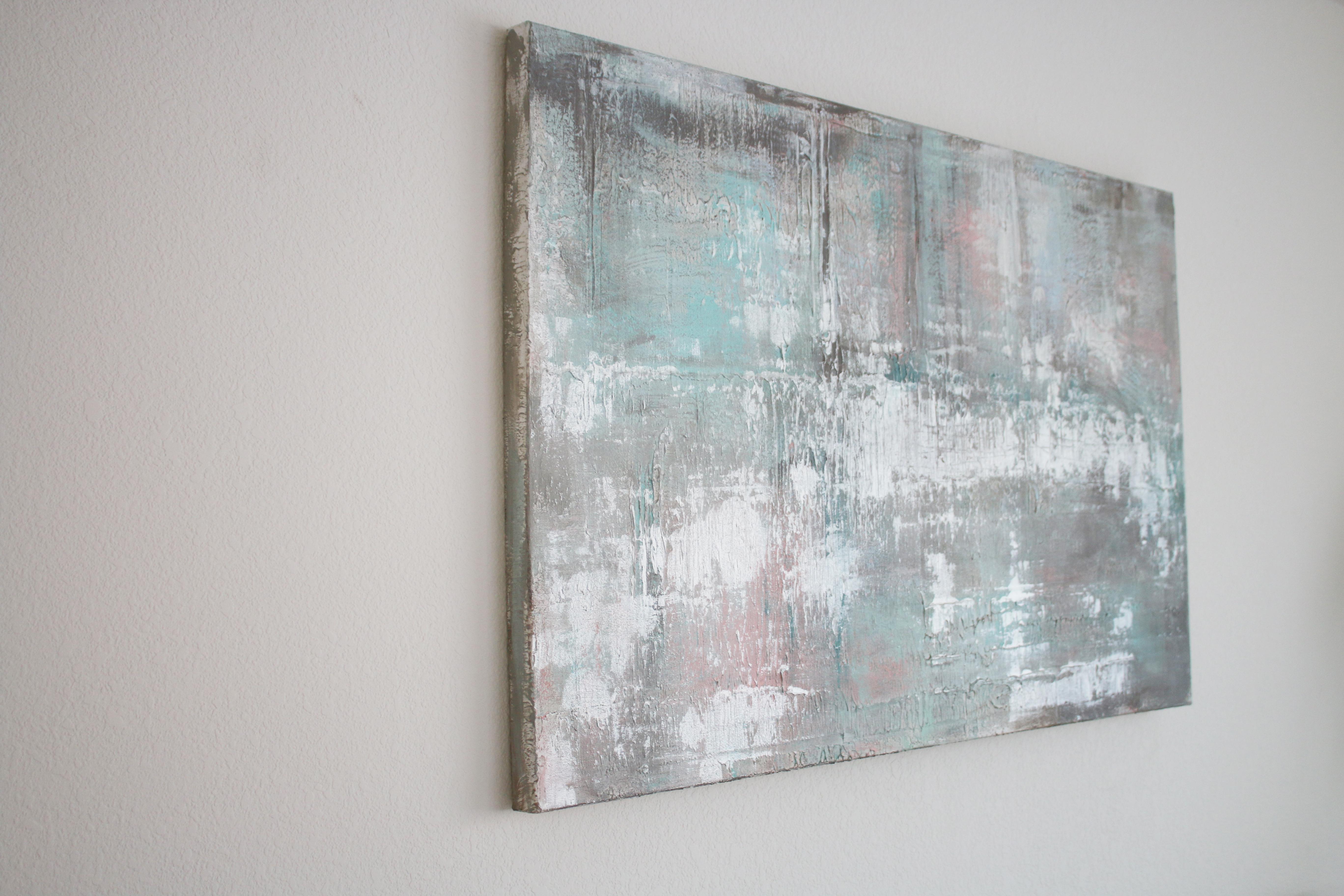 Silver Pink Abstract Heavy Textured Mixed Medium on Canvas, Calm Water 30 x 48