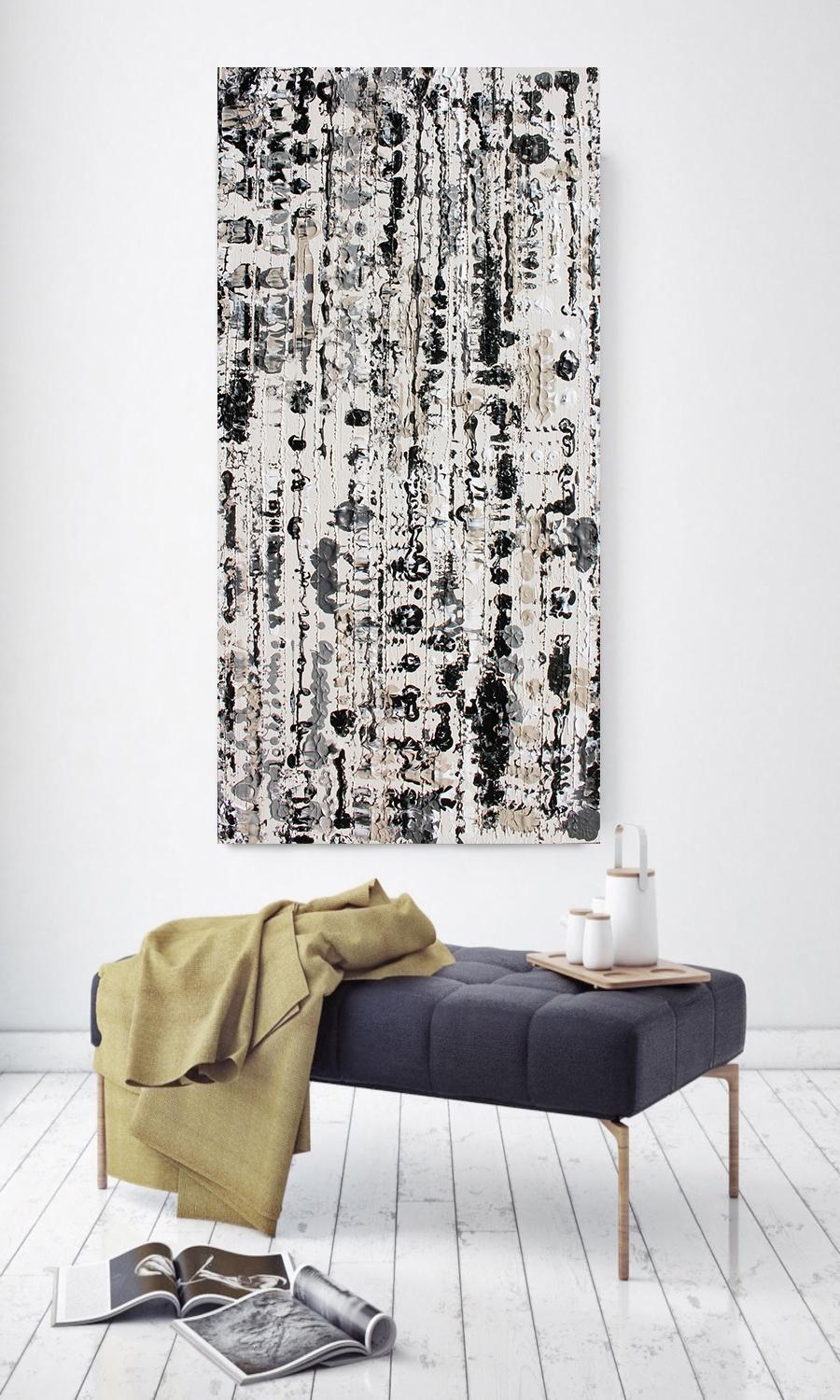 Abstract Black and White Mixed Medium on Canvas Heavy Textured, Winter 24W X 48H - Painting by Irena Orlov