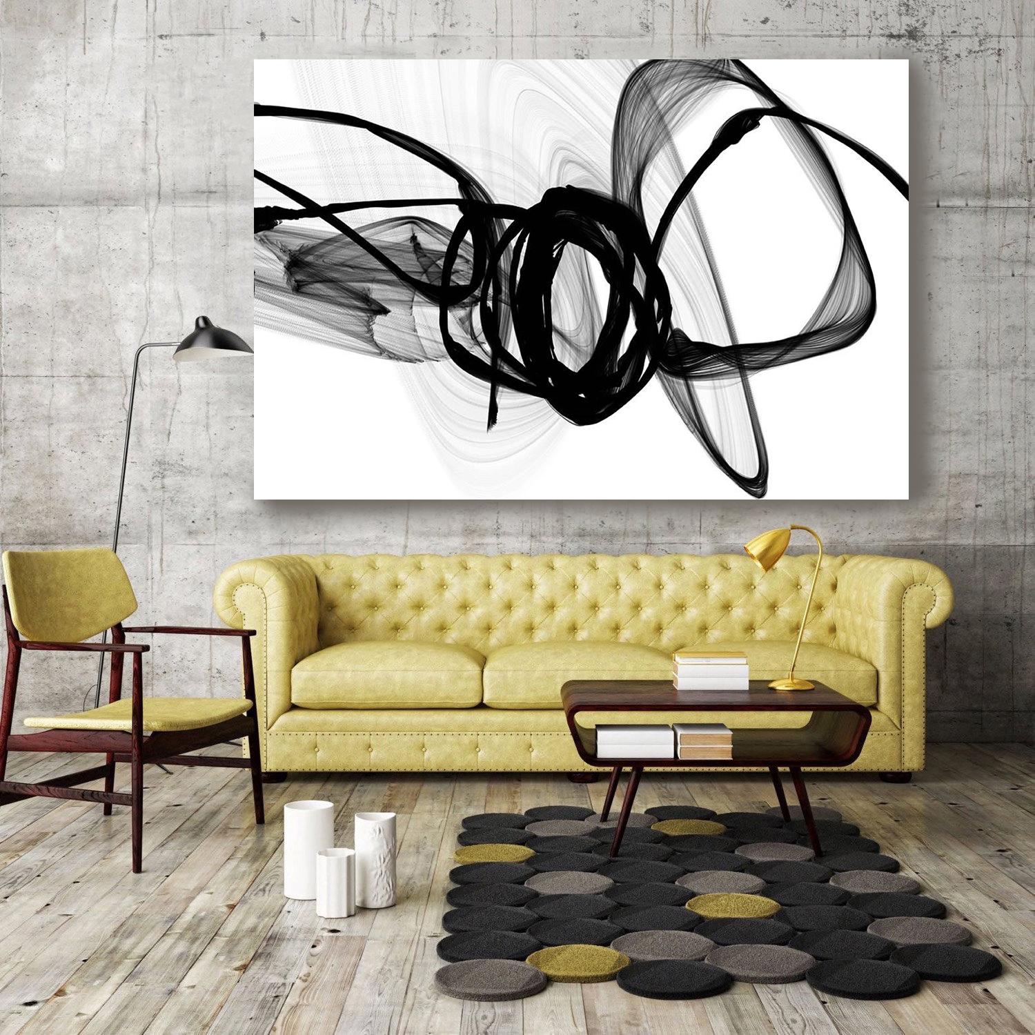Abstrakte abstrakte Kunst Minimalistisches Gemälde auf Leinwand Schwarz Weiß , The Energy 60 x 40