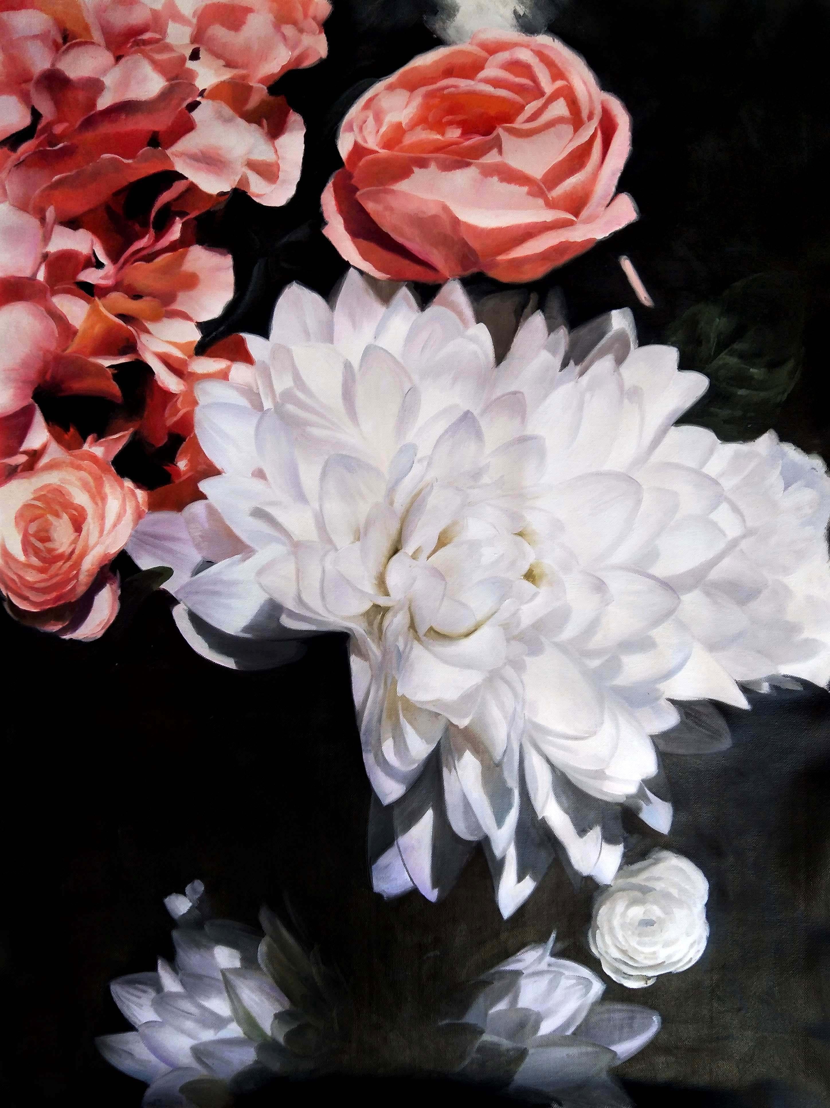Irena Orlov Interior Painting – Abstraktes weißes, geblümtes Acrylgemälde, gerahmt, 48 H X 36" B, Abstrakt  Florale Inspiration durch Blumen