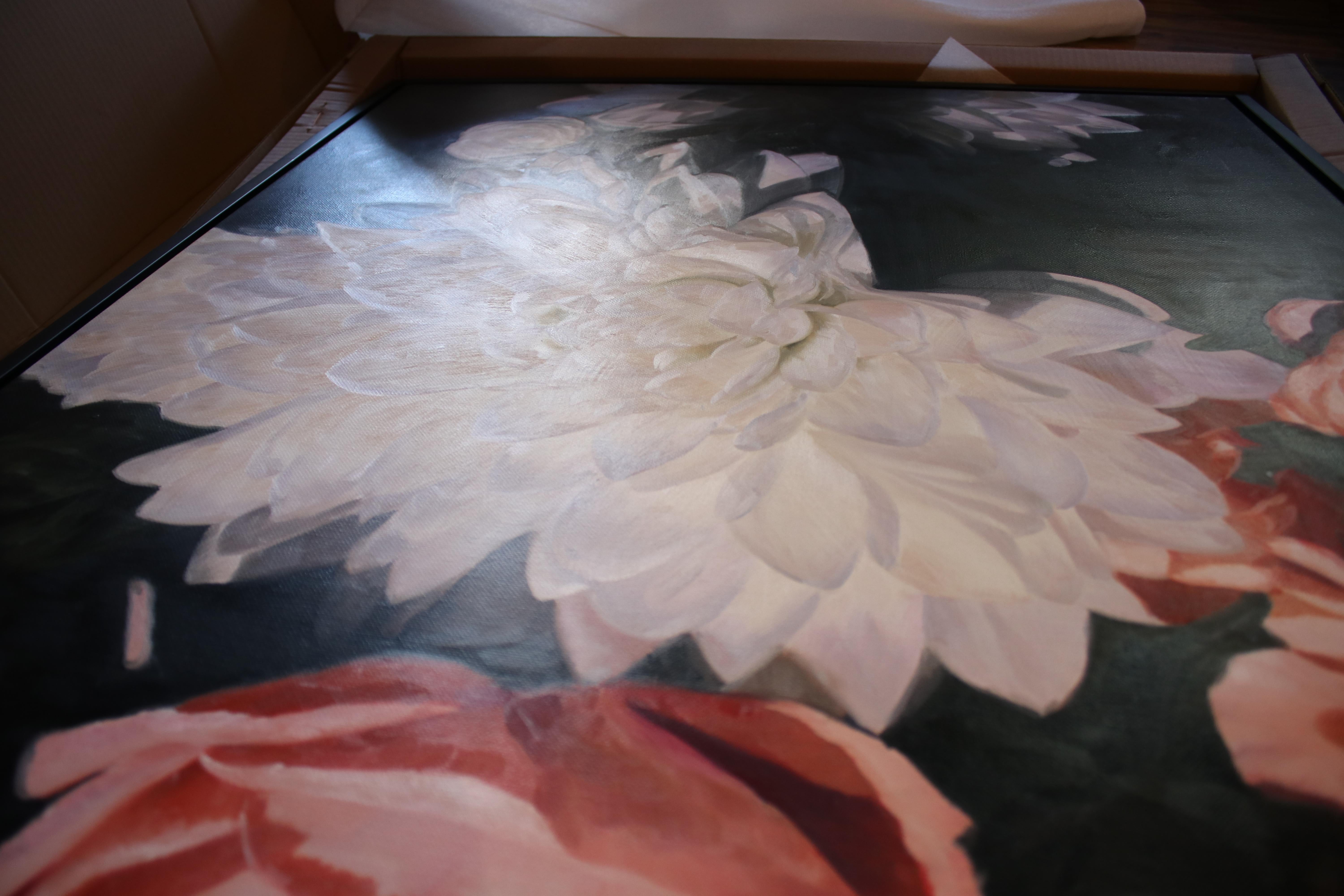 Abstraktes weißes, geblümtes Acrylgemälde, gerahmt, 48 H X 36