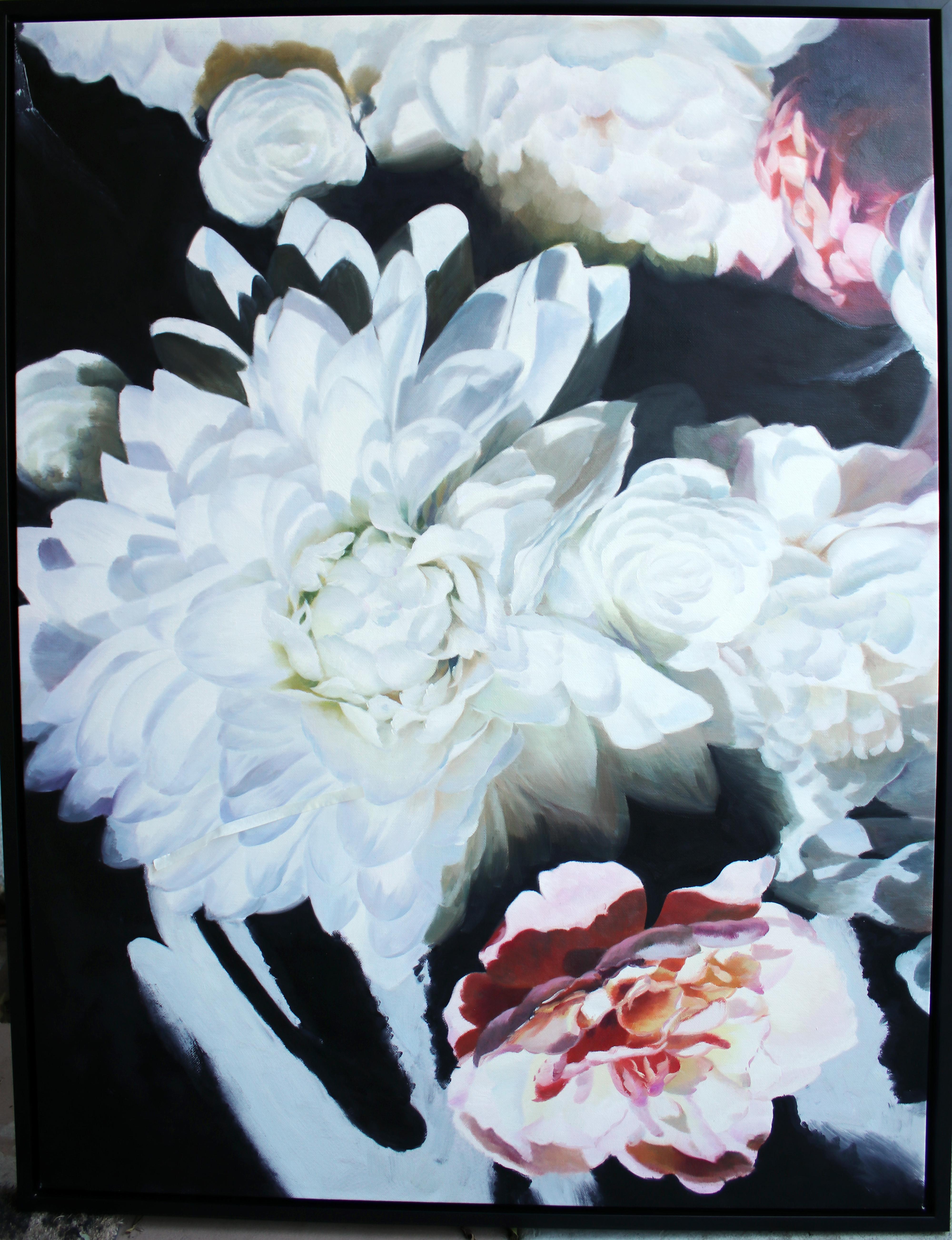 Abstraktes geblümtes Acrylgemälde, gerahmt, 48 H X 36 Zoll B, Floral Inspiration  (Grau), Still-Life Painting, von Irena Orlov