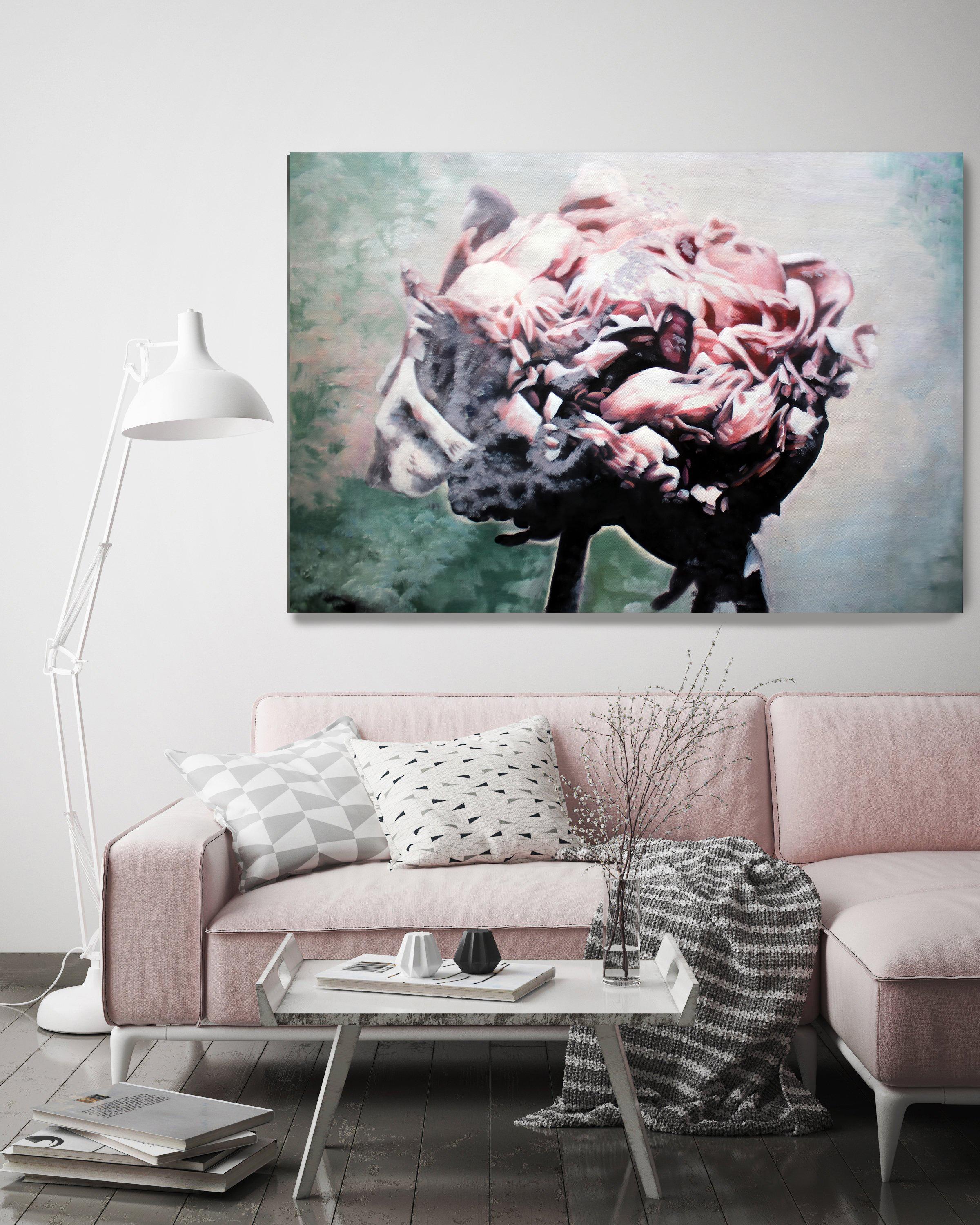 Irena Orlov Interior Painting - Shabby Chic Pink Green  Peony, 36 H X 48" W Abstract Framed Floral Painting 
