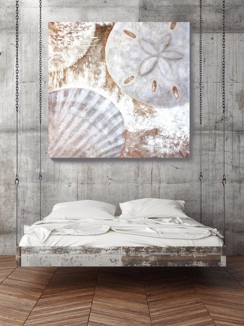 Rustikales Küstengemälde mit Muscheln, Acryl auf Leinwand 50 x 50 Zoll 