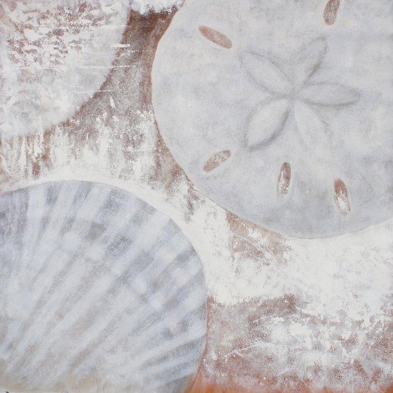 Rustikales Küstengemälde mit Muscheln, Acryl auf Leinwand 50 x 50 Zoll  – Painting von Irena Orlov