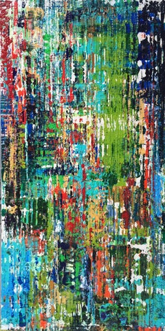 Green Blue Abstract Mixed Media on Canvas: Textured, Summer Breeze 24 x 48"