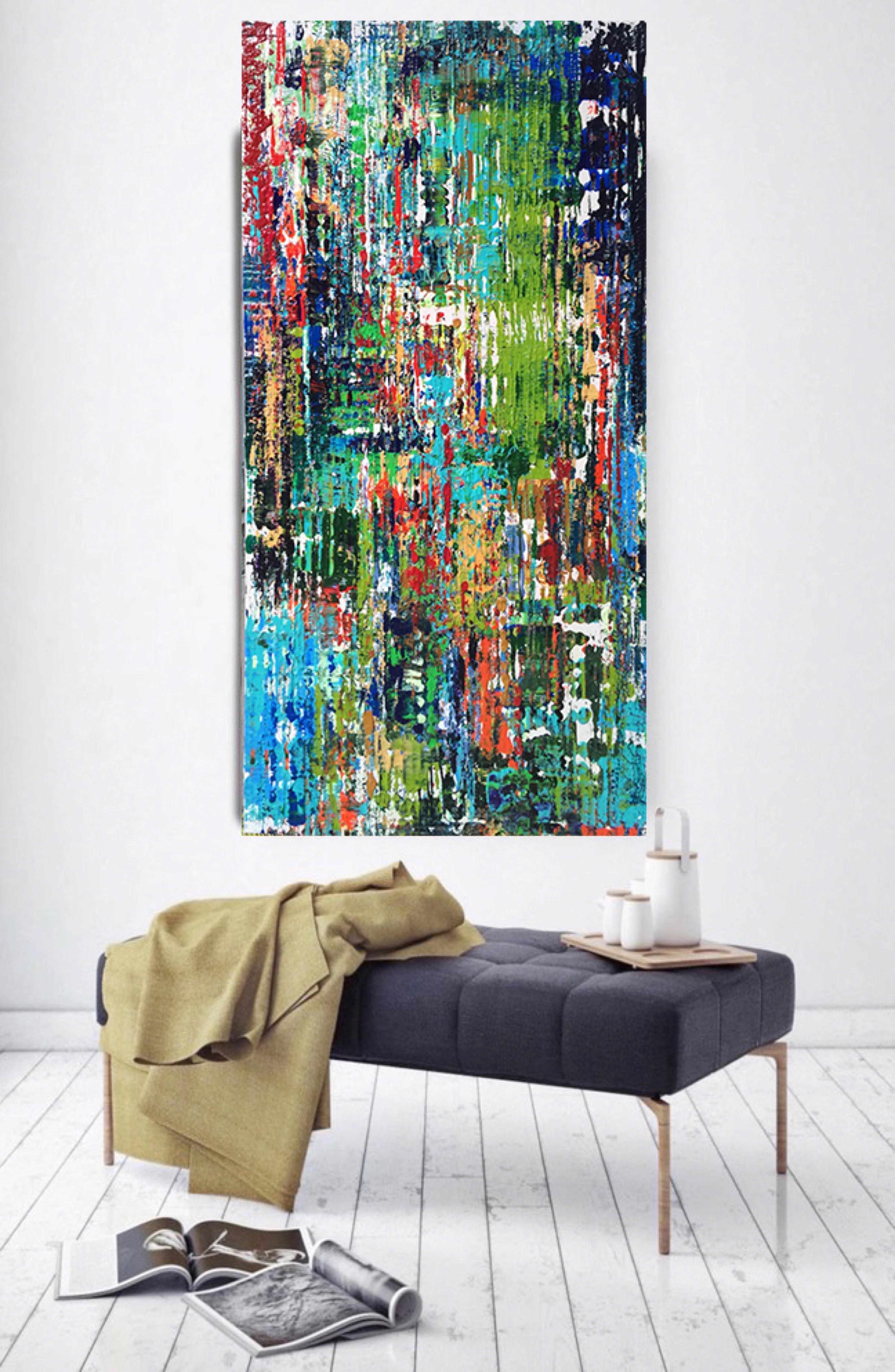 Green Blue Abstract Mixed Media on Canvas: Textured, Summer Breeze 24 x 48