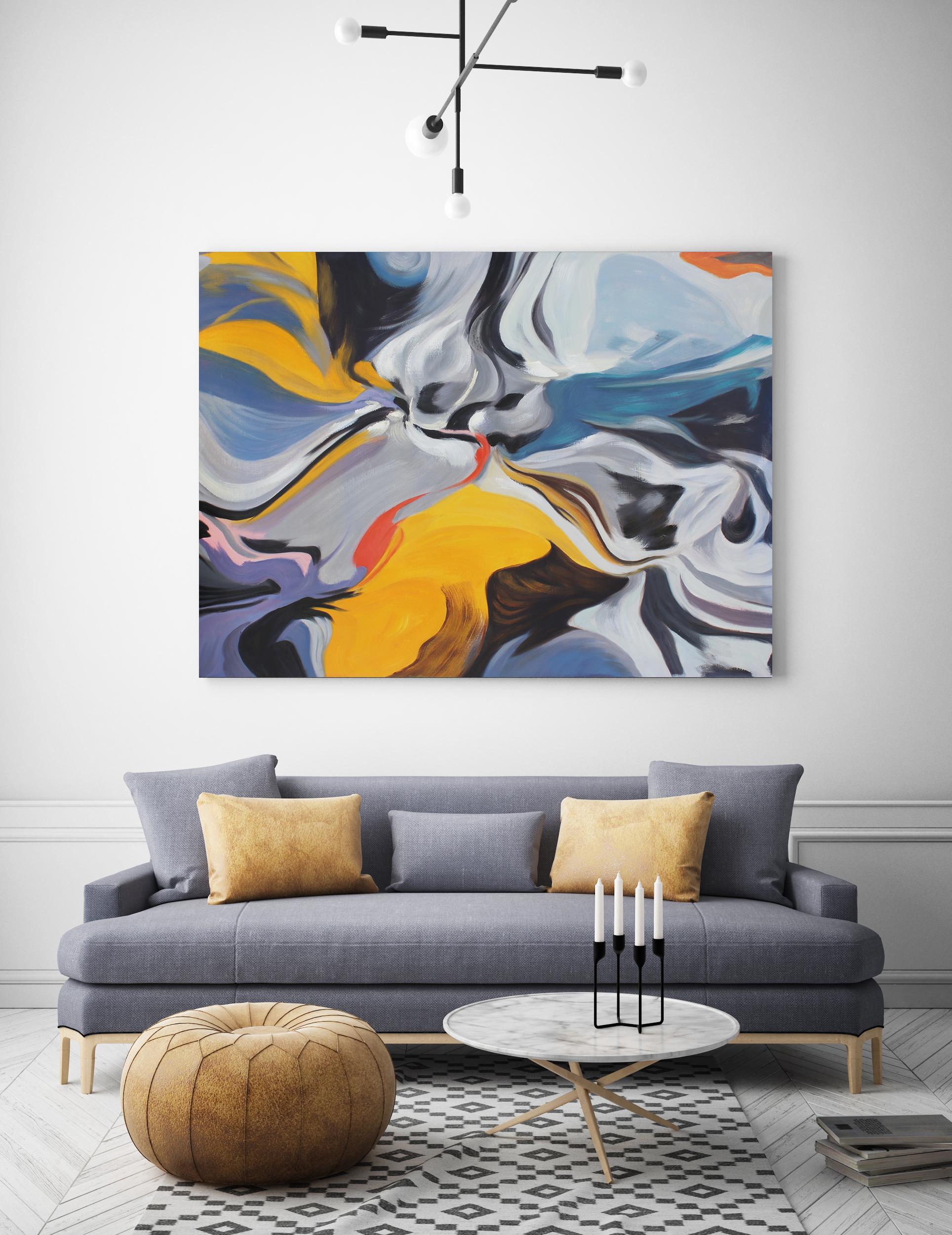 Abstract Yellow Blue Gray Acrylic Painting, 48W X 36