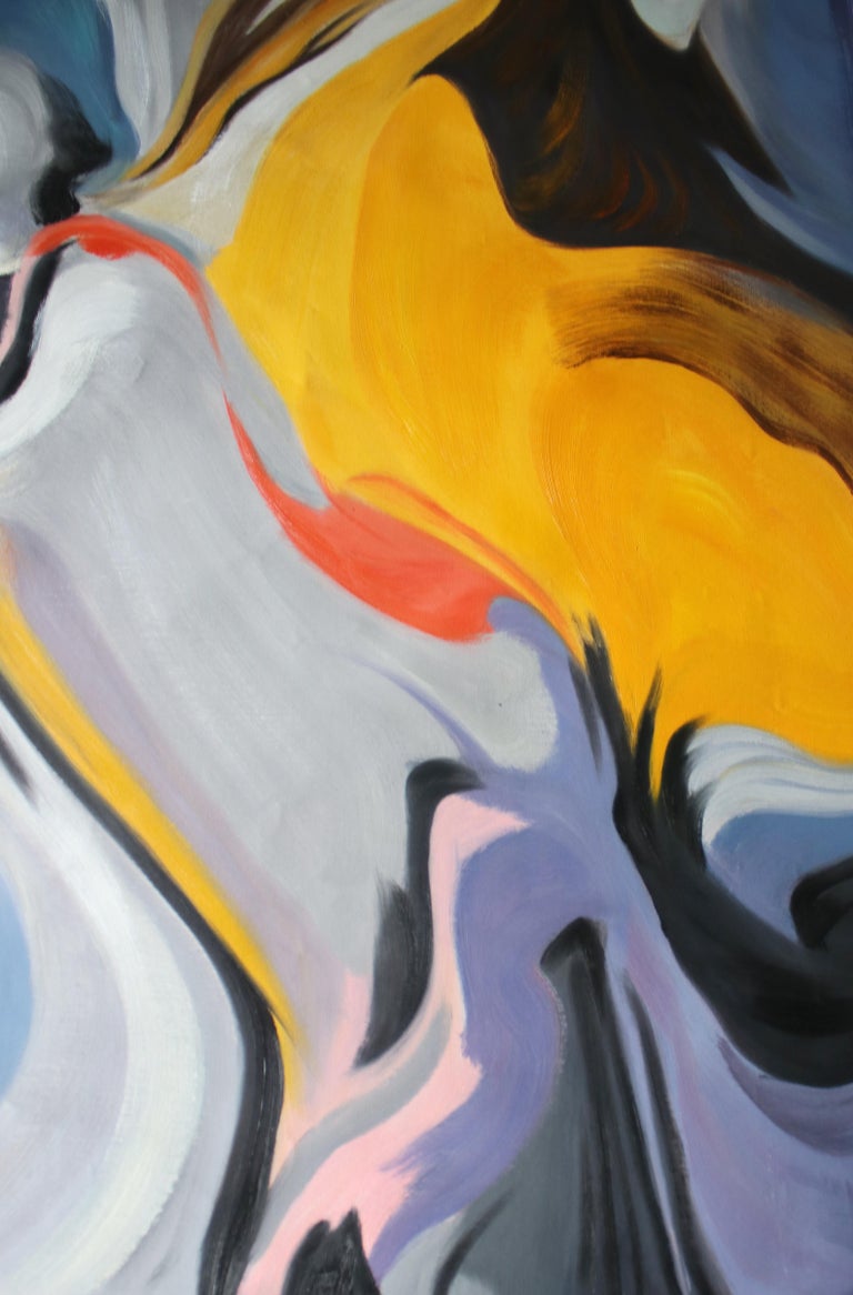Irena Orlov Abstract Yellow Blue Gray Acrylic Painting, 48W X 36"H