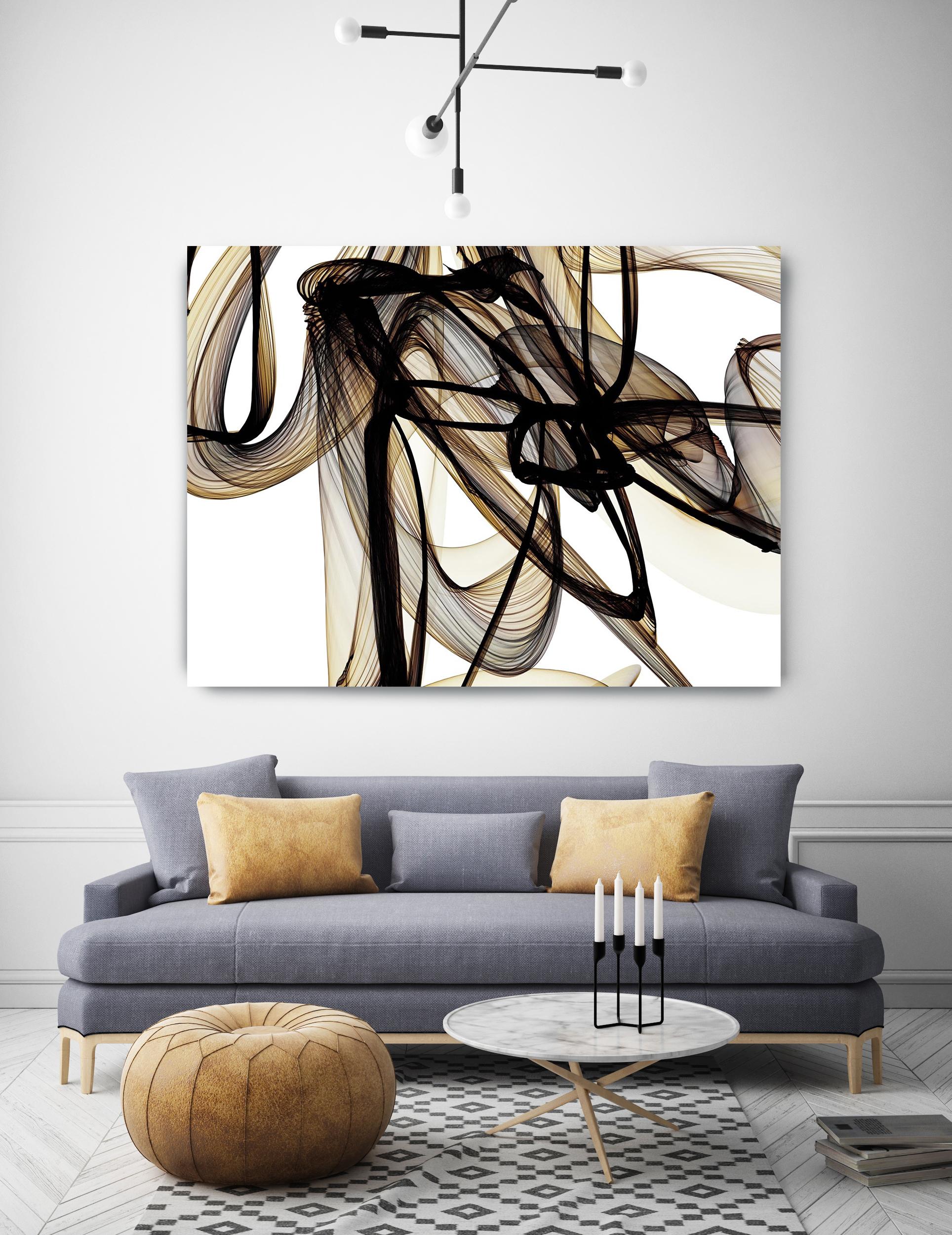 Abstraktes Gemälde in Mischtechnik, Gold, Schwarz, 48 x 36 Zoll, „Flüsselnder Moment 9“ (Minimalistisch), Mixed Media Art, von Irena Orlov