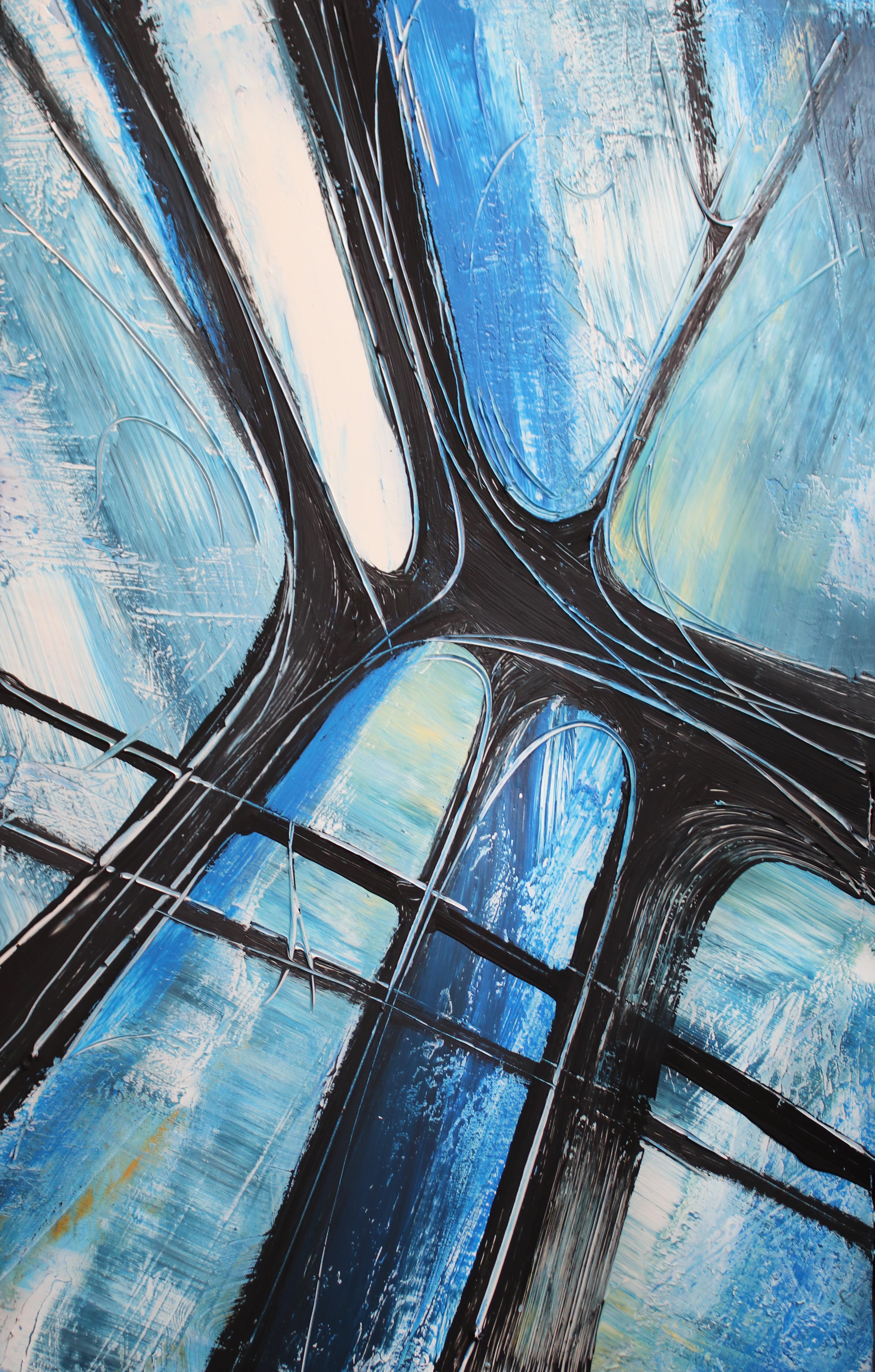 Blaues abstraktes, schweres, strukturiertes Gemälde Mixed Medium auf Leinwand, Urban Raw Blue 30 x 48