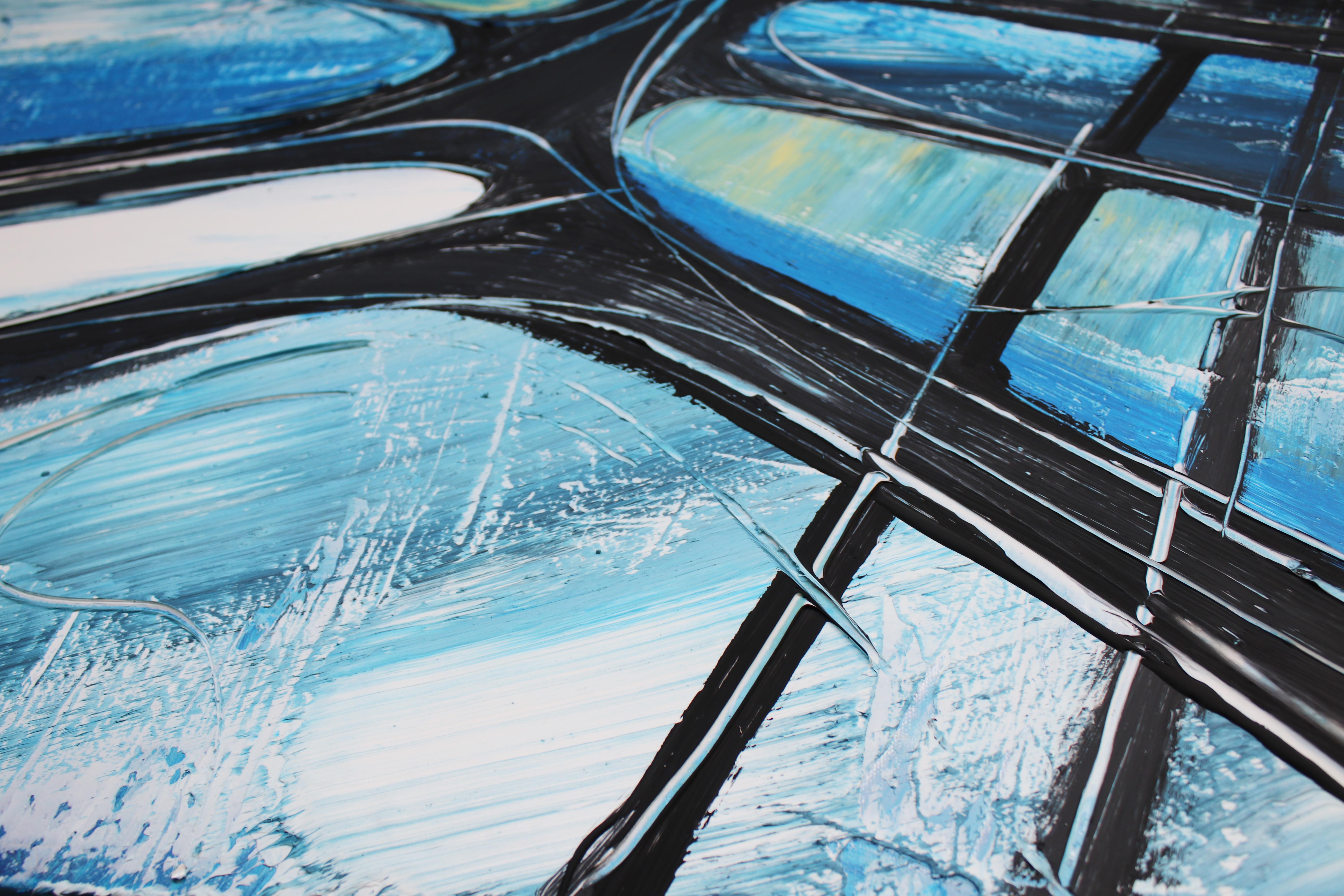 Peinture technique mixte sur toile abstraite bleue abstraite à forte texture, bleu brut urbain 76,2 x 122,2 cm - Bleu Abstract Painting par Irena Orlov
