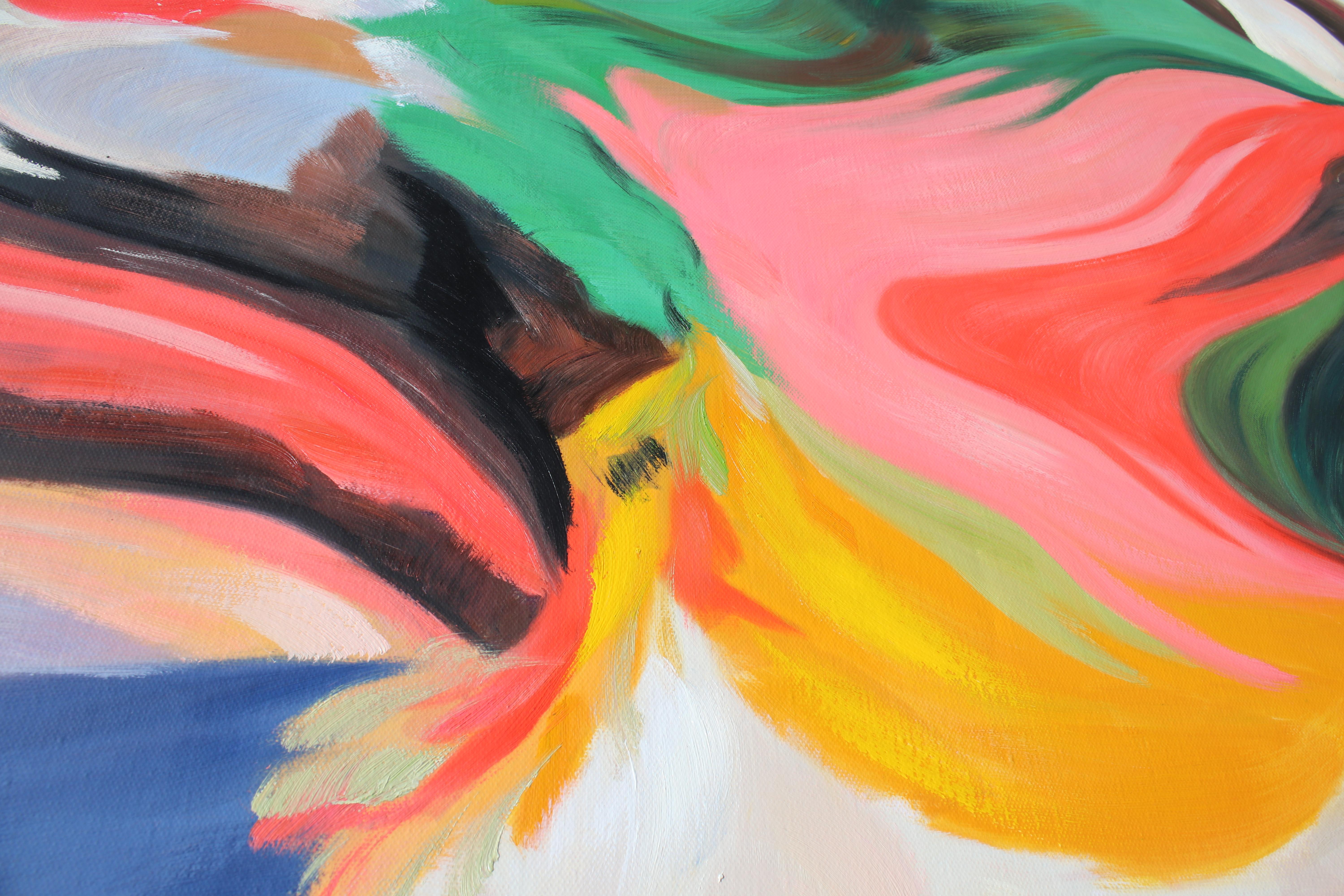 Abstraktes Grün-Rosa-Flow-Gemälde aus Acryl, 48 W X 36 Zoll H, Grün/Rosa im Angebot 1
