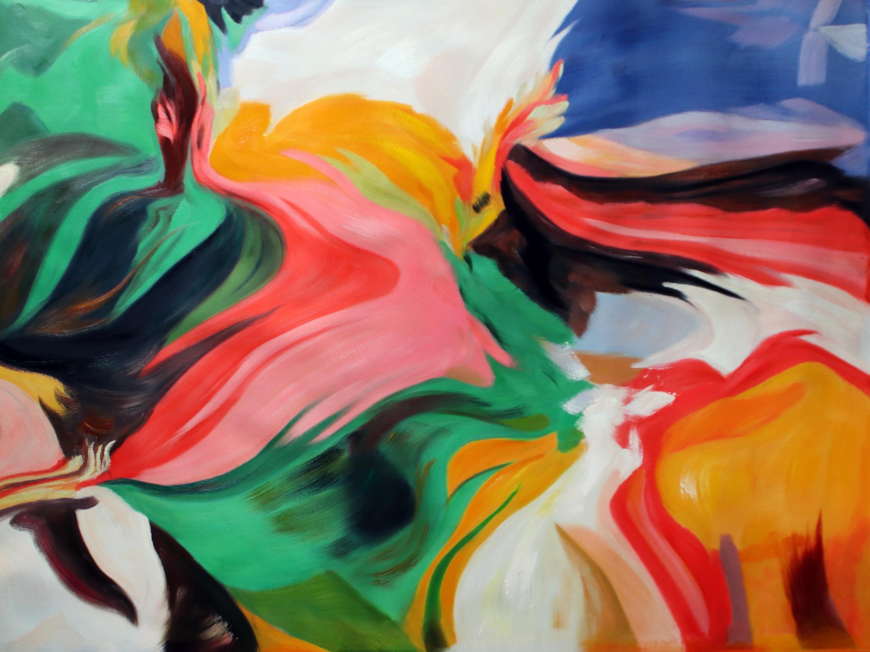 Green Pink Flow Abstract Acrylic Painting, 48W X 36