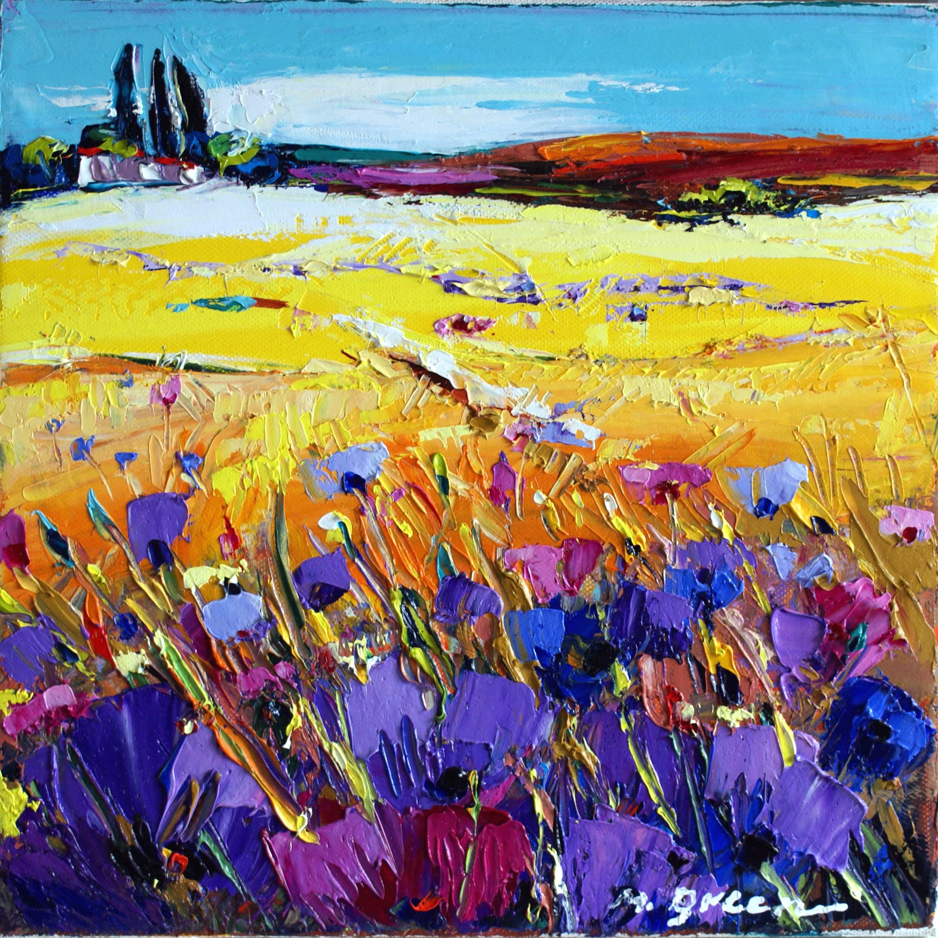 Maya Green Abstract Painting - Landscape With Purple Flowers Oil on Canvas Palette Knife 12 x 12" Landscape 