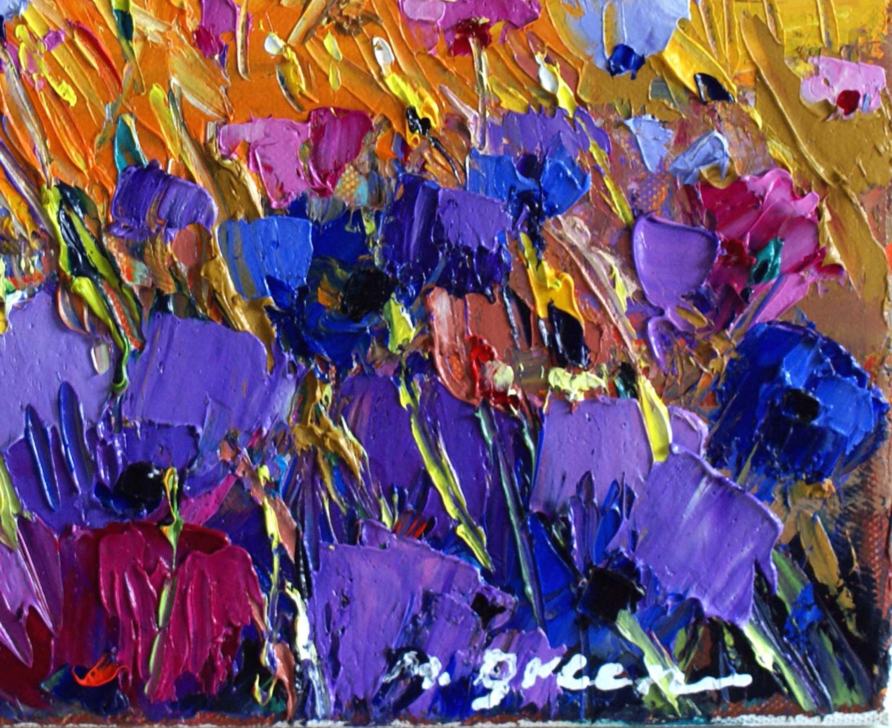 Landscape With Purple Flowers Oil on Canvas Palette Knife 12 x 12