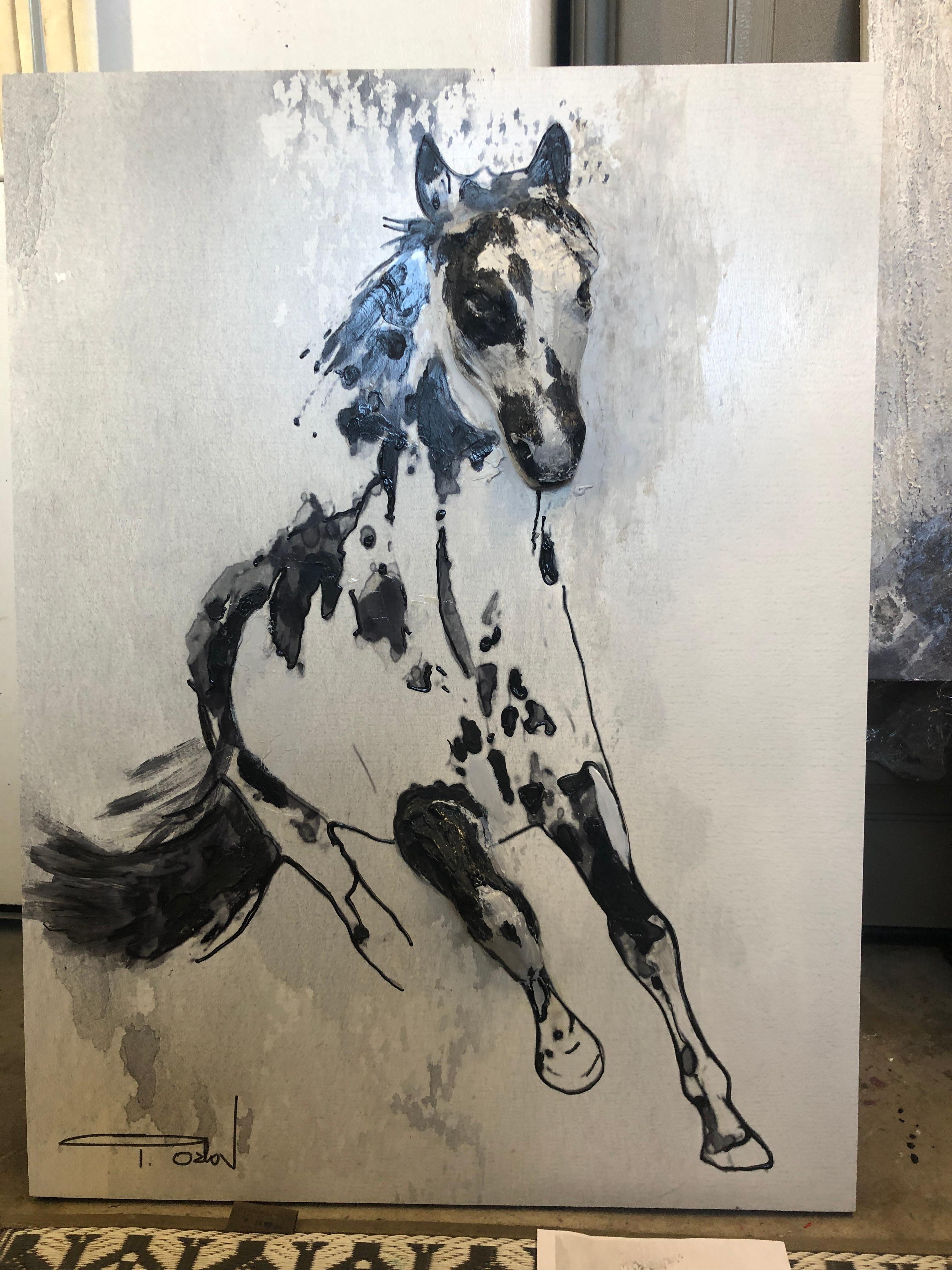 Wild Running Horse Three-Dimensional Painting Sculpture on Wood 40HX30