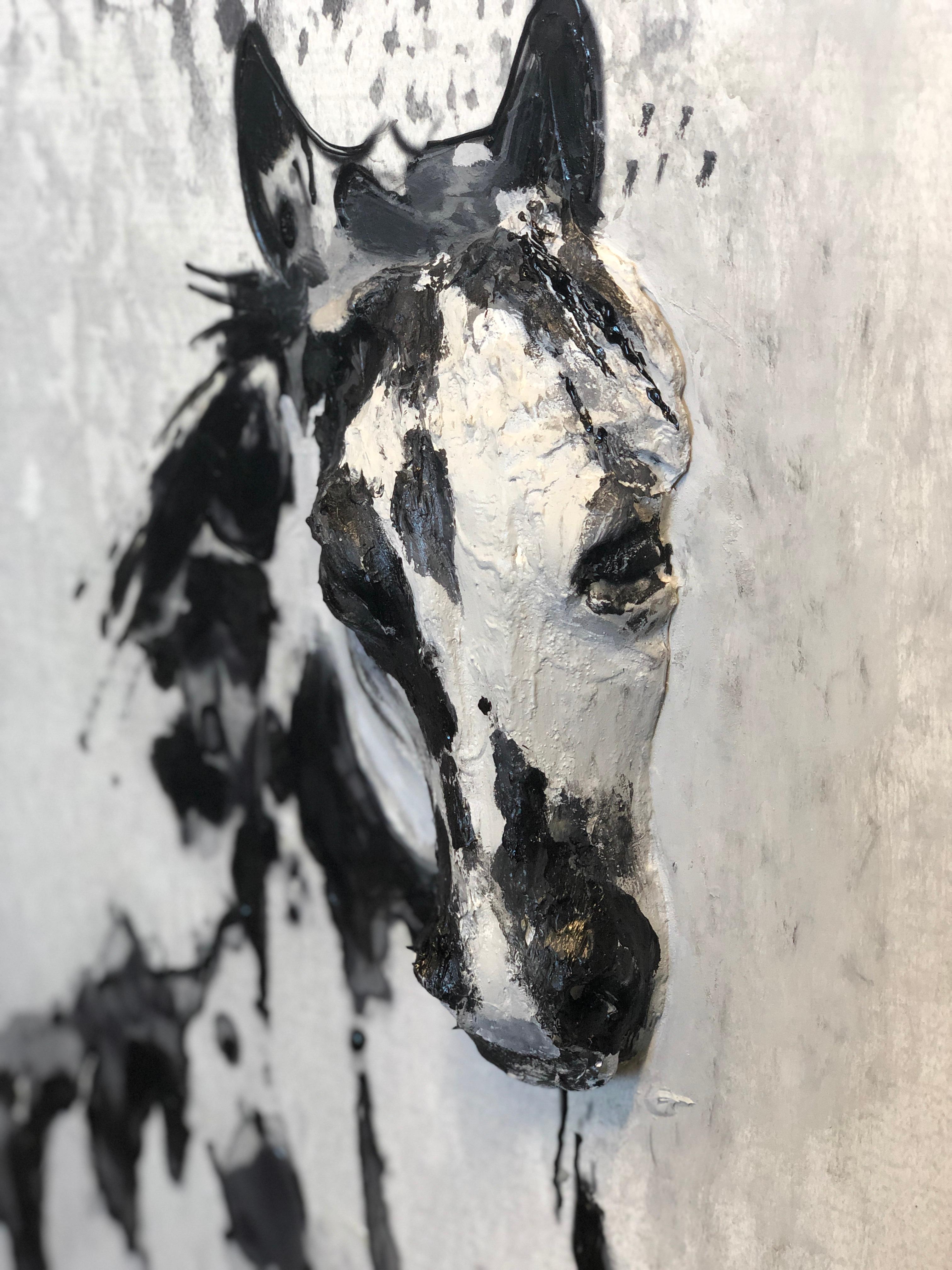 Wild Running Horse Three-Dimensional Painting Sculpture on Wood 40HX30