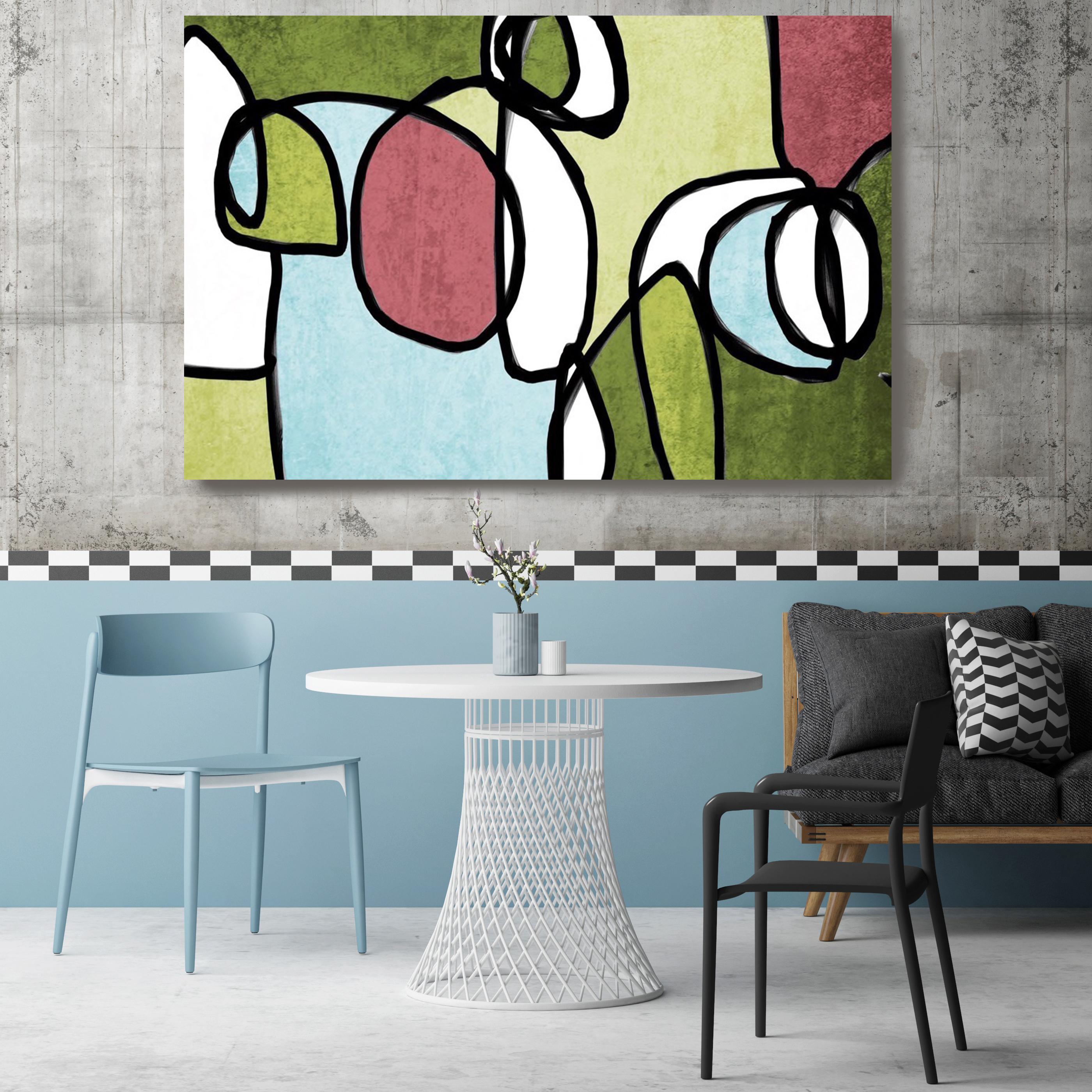 Mid Century Modern Grün Rosa Mixed Media auf Leinwand 48 Zoll X 36 Zoll – Print von Irena Orlov