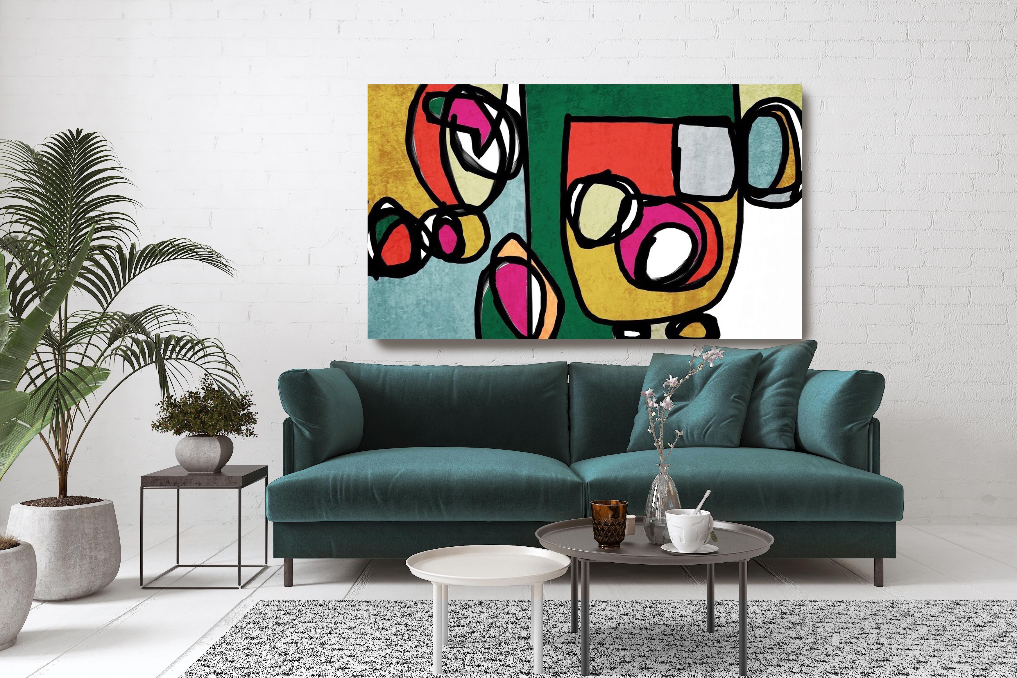 Green Red Mid-Century Modern Hand Embellished Painting Giclee on Canvas  - Print by Irena Orlov