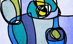 Blue Purple Mid-Century Modern Hand Embellished Painting Giclee on Canvas