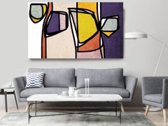 Yellow Purple Mid Century Modern Artwork Hand Embellished Giclee on Canvas