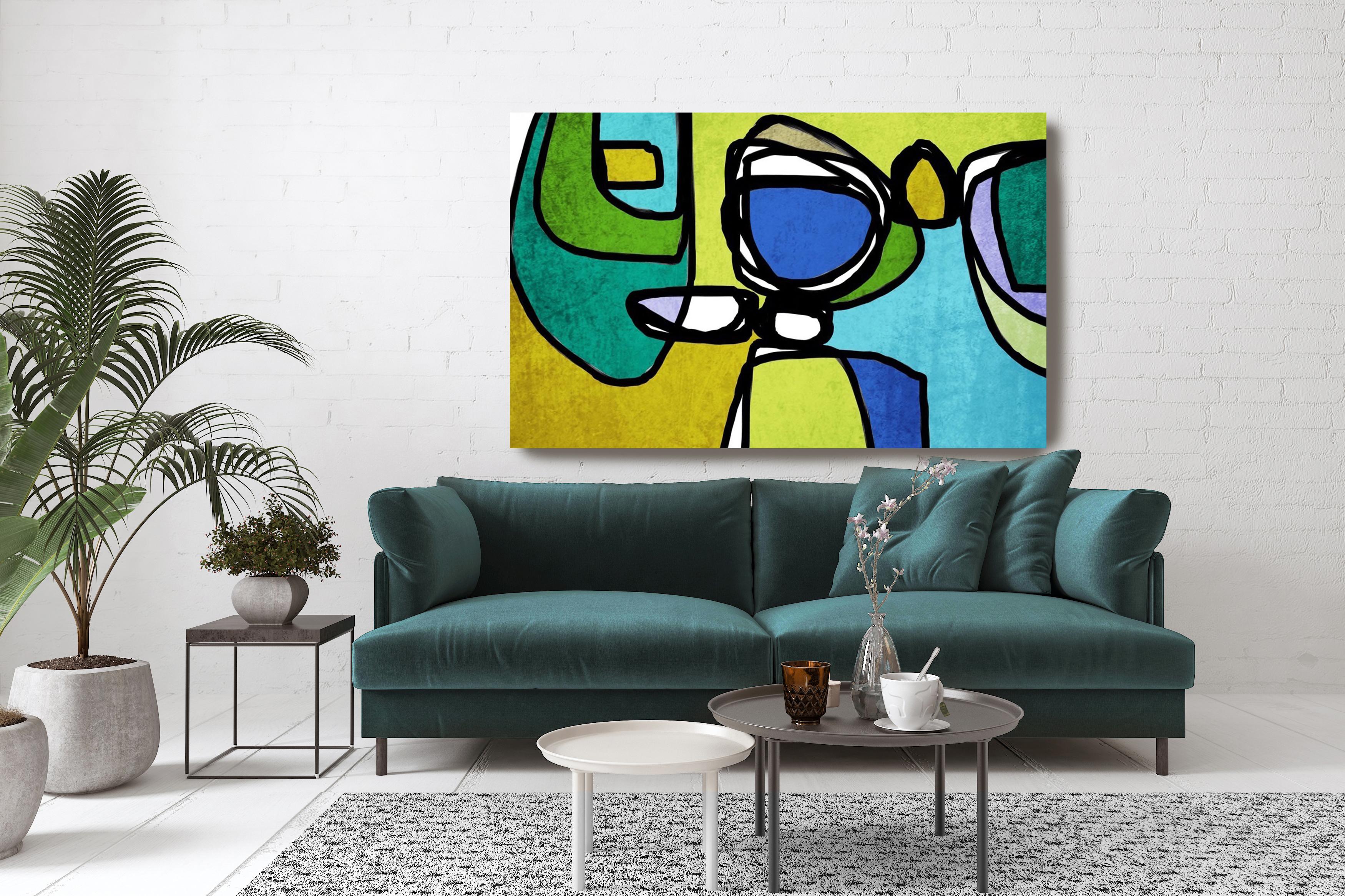 Blue Green Mid Century Modern Artwork Hand Embellished Giclee on Canvas - Painting by Irena Orlov