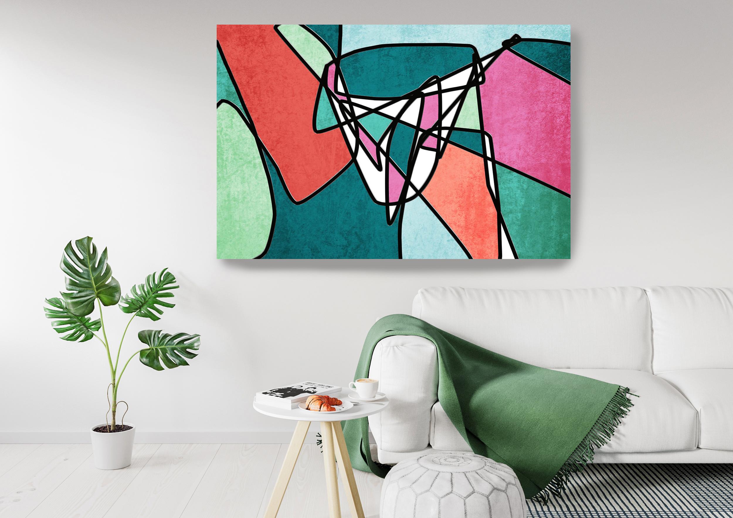 Mid Century Teal Pink Modern Green Red Artwork Hand Embellished Giclee on Canvas - Print by Irena Orlov