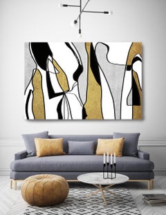 Gold Schwarz Mid Century Modern Line Gemälde Mixed Media Leinwand 38x56""