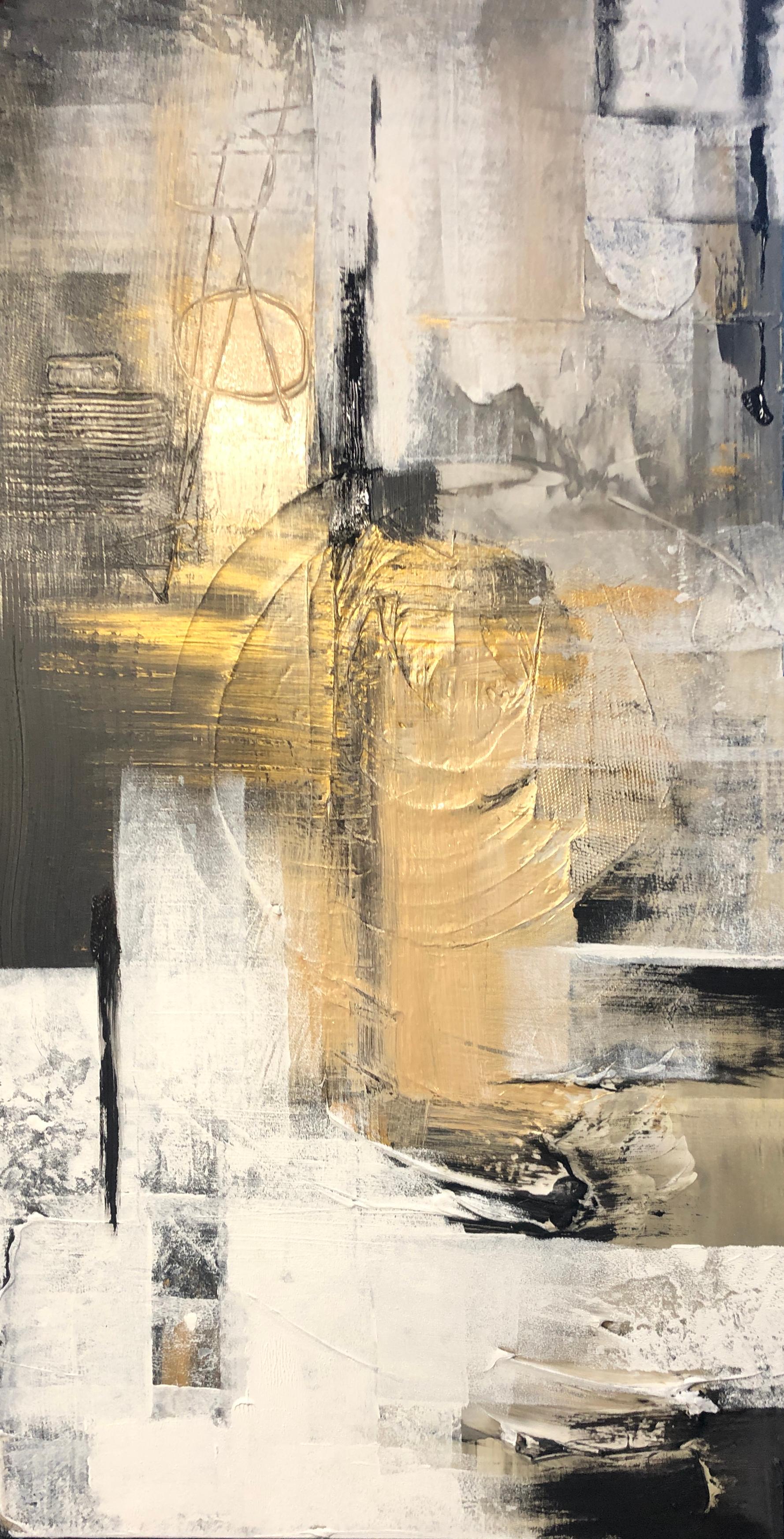 Irena Orlov Abstract Painting - Gold Black Mixed Media on Canvas: Acrylic Stucco, Modeling Paste Heavy Texture 