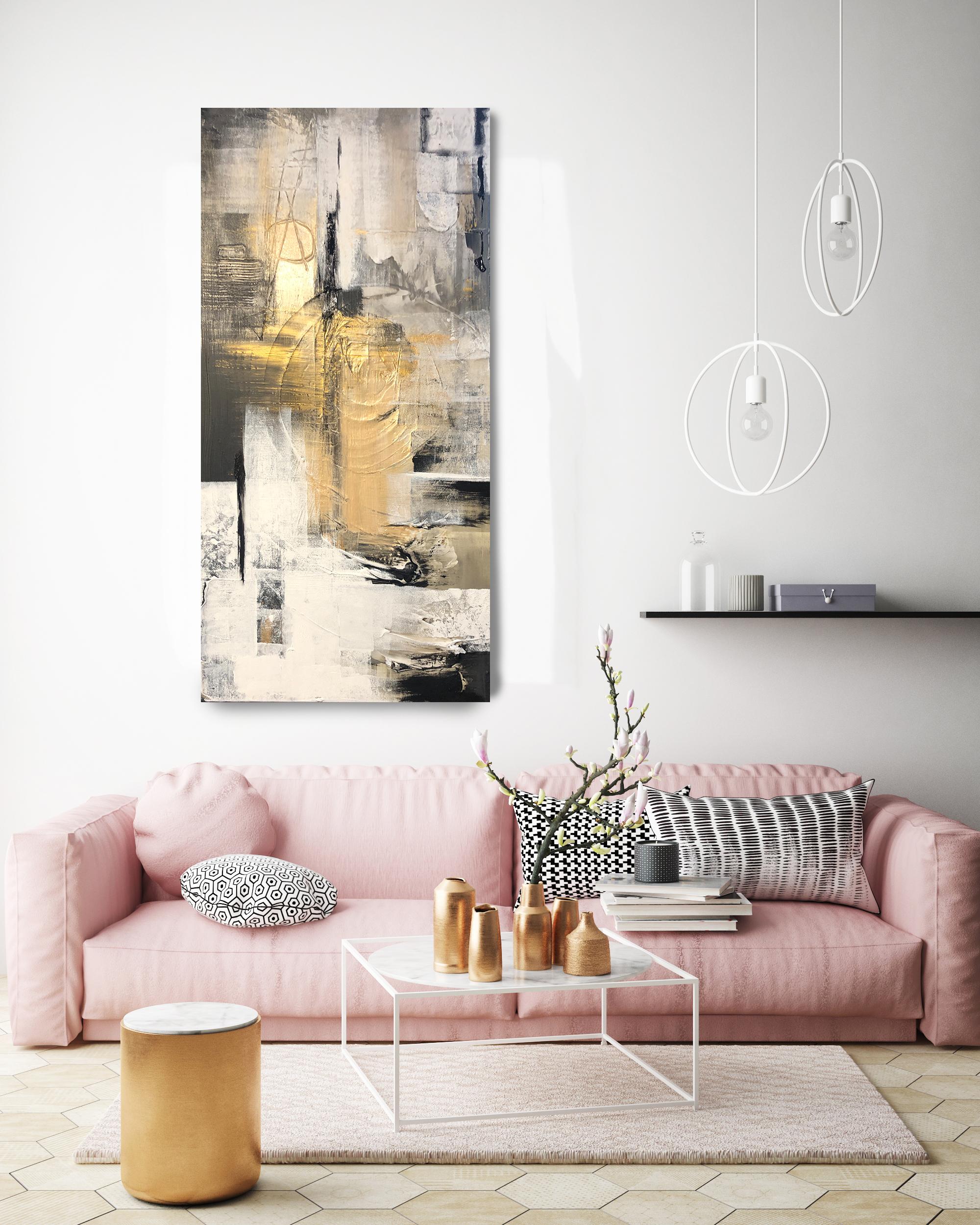 Gold Black Mixed Media on Canvas: Acrylic Stucco, Modeling Paste Heavy Texture - Painting by Irena Orlov