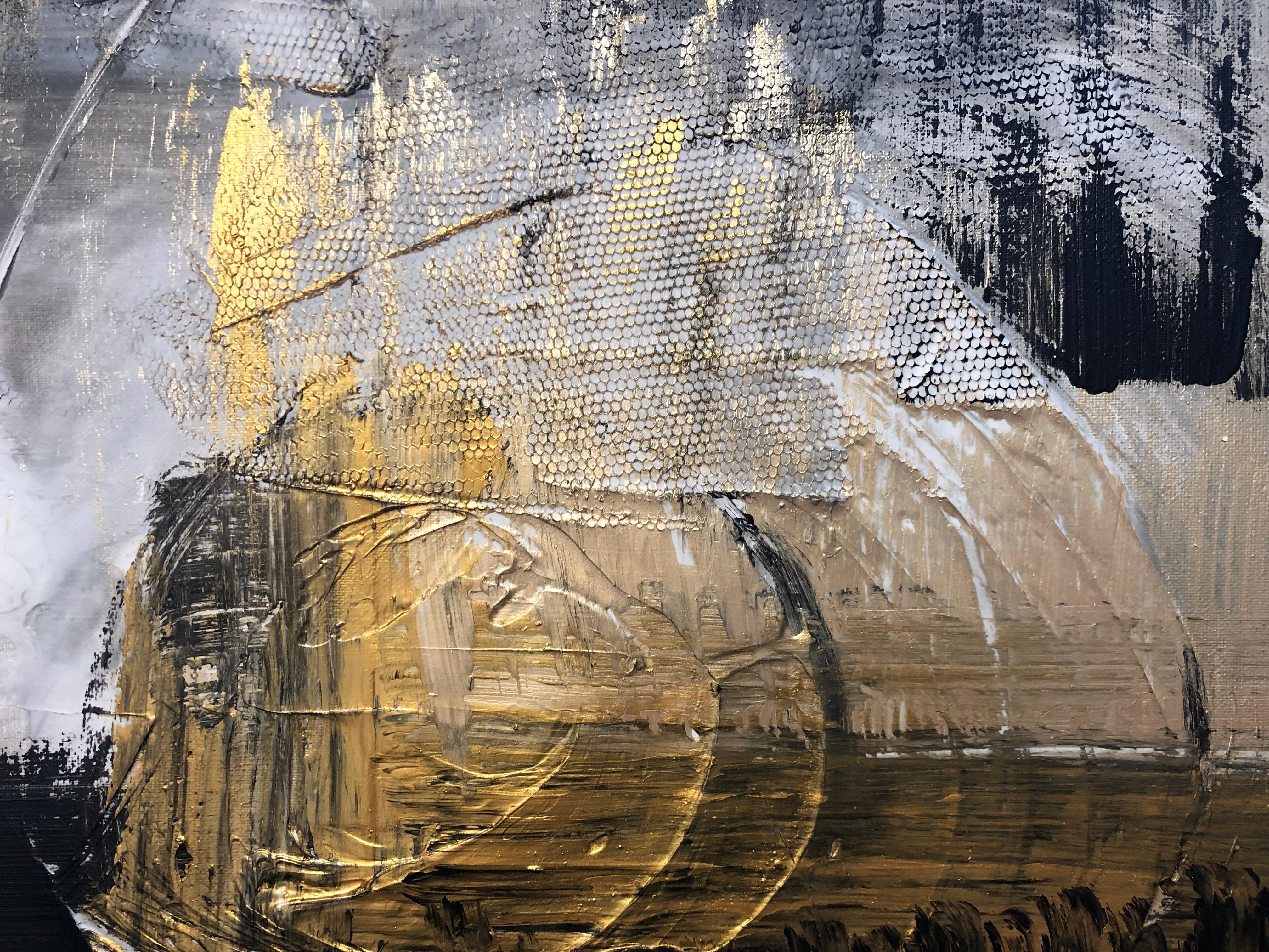 Gold Black Mixed Media on Canvas: Acrylic Stucco, Modeling Paste Heavy Texture  - Abstract Painting by Irena Orlov
