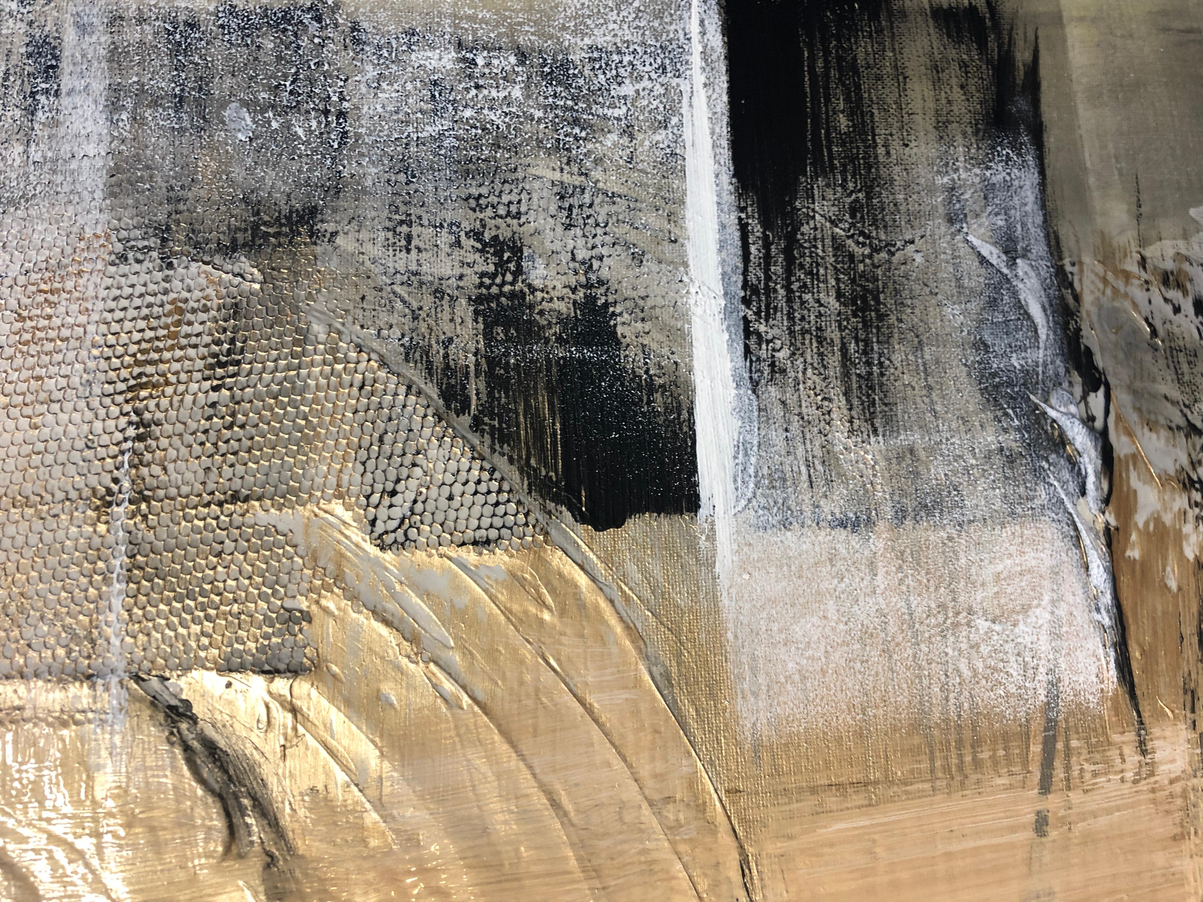 Gold Black Mixed Media on Canvas: Acrylic Stucco, Modeling Paste Heavy Texture  - Beige Abstract Painting by Irena Orlov