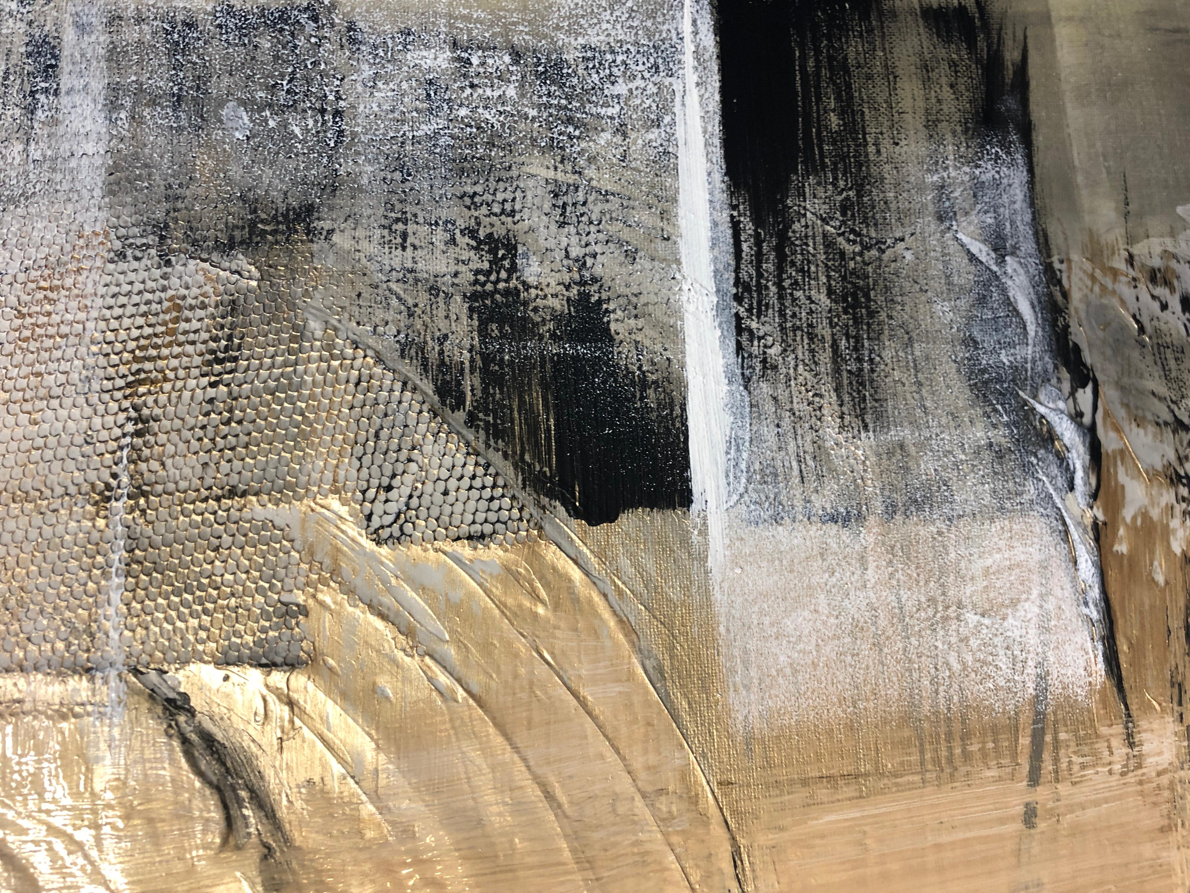 Gold Black Mixed Media on Canvas: Acrylic Stucco, Modeling Paste Heavy Texture - Beige Abstract Painting by Irena Orlov