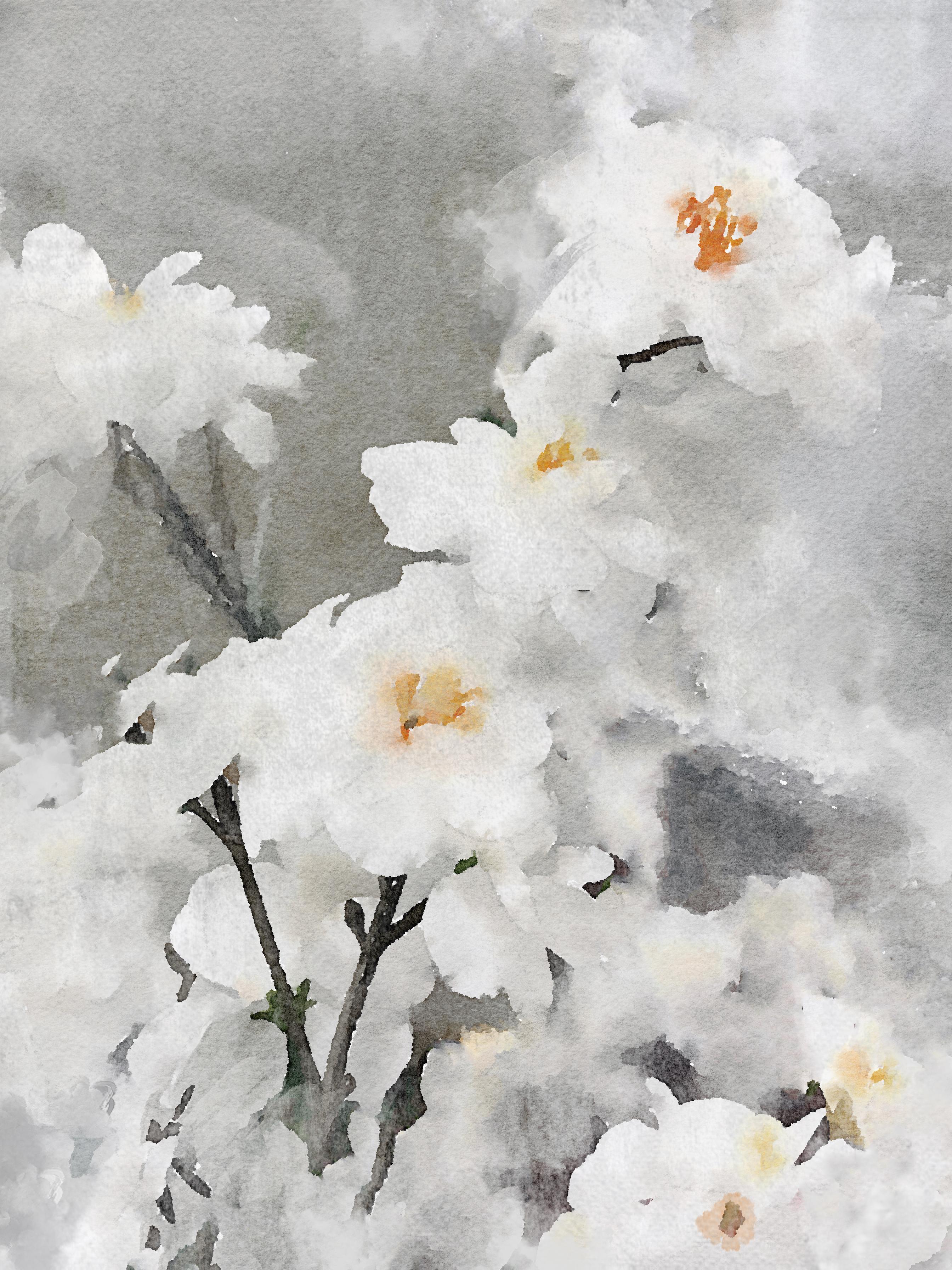 White Silver Floral Painting Mixed Media Canvas 48x36" Dreamy Flowers. 