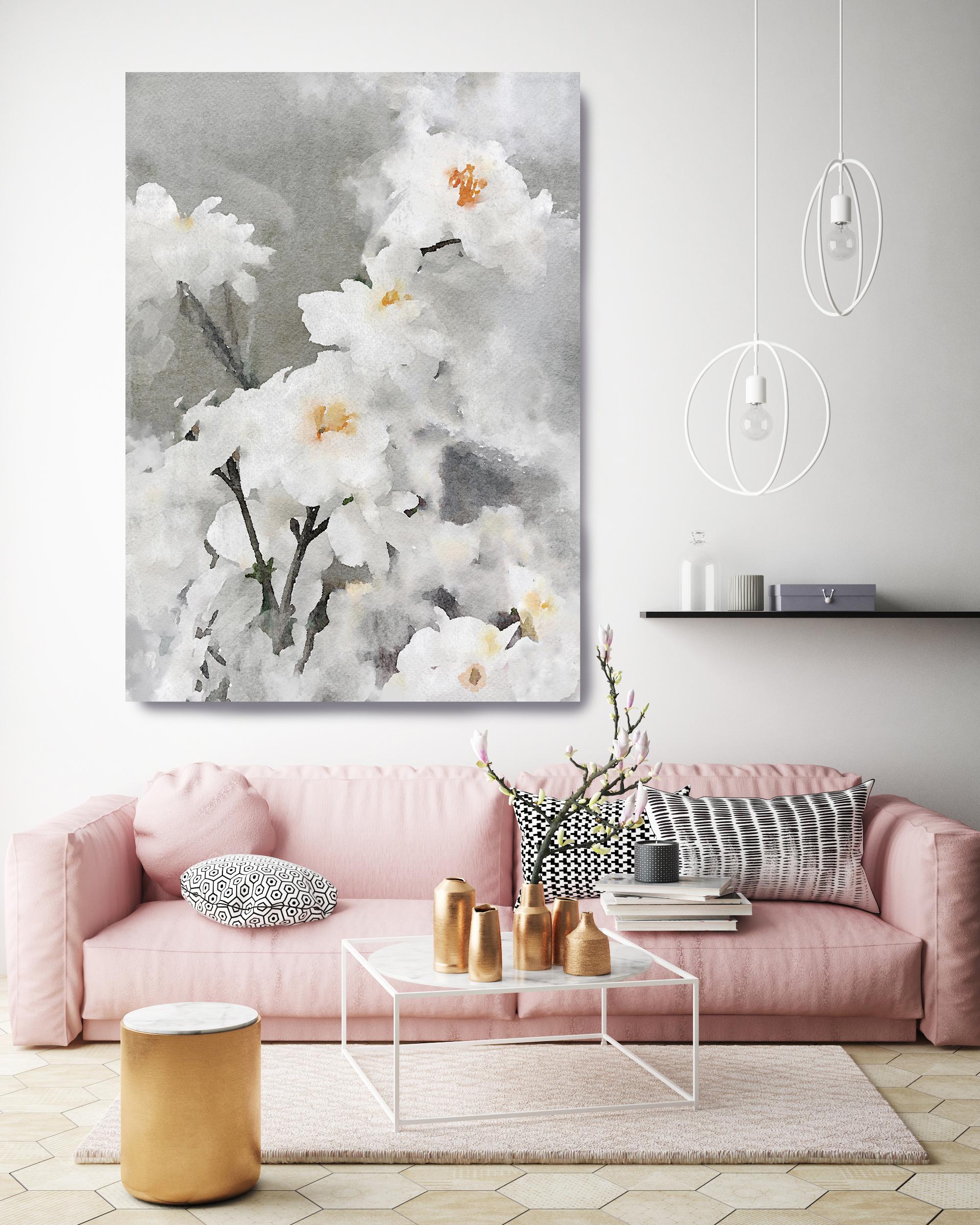 Quadro floreale bianco argento in tecnica mista su tela 48x36