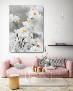 Cuadro Floral Blanco Plata Lienzo Mixto 48x36" Flores de ensueño.