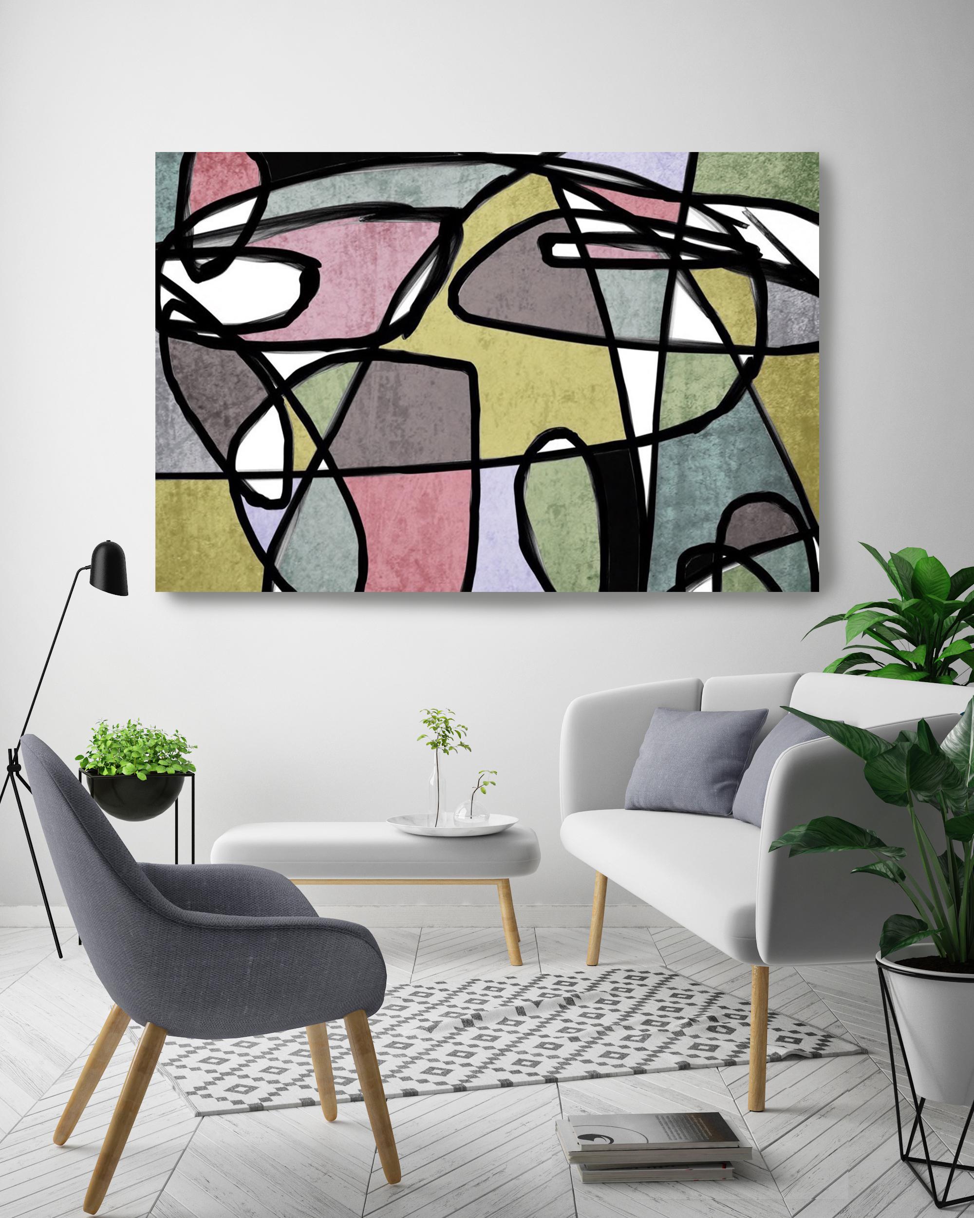 Mid Century Modern Pink Green Artwork Hand Embellished Giclee on Canvas - Painting by Irena Orlov