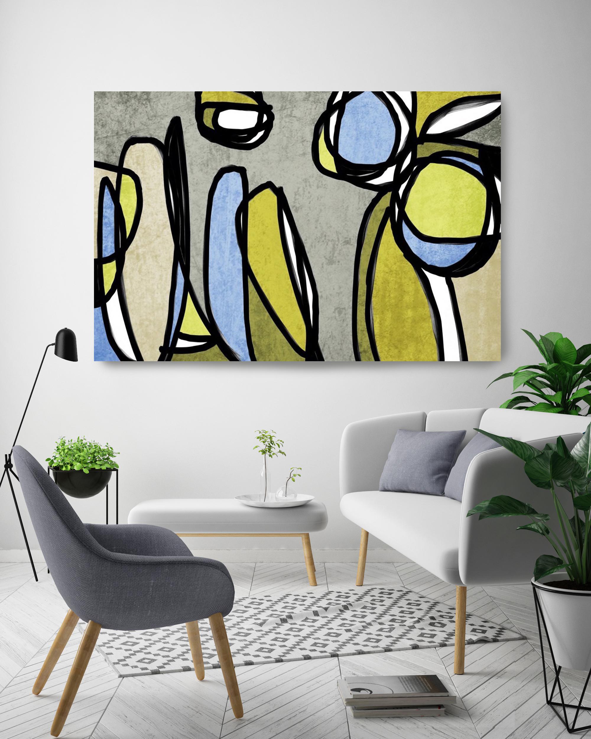 MidCentury Modern Green Blue Artwork Hand Embellished Giclee on Canvas - Print by Irena Orlov