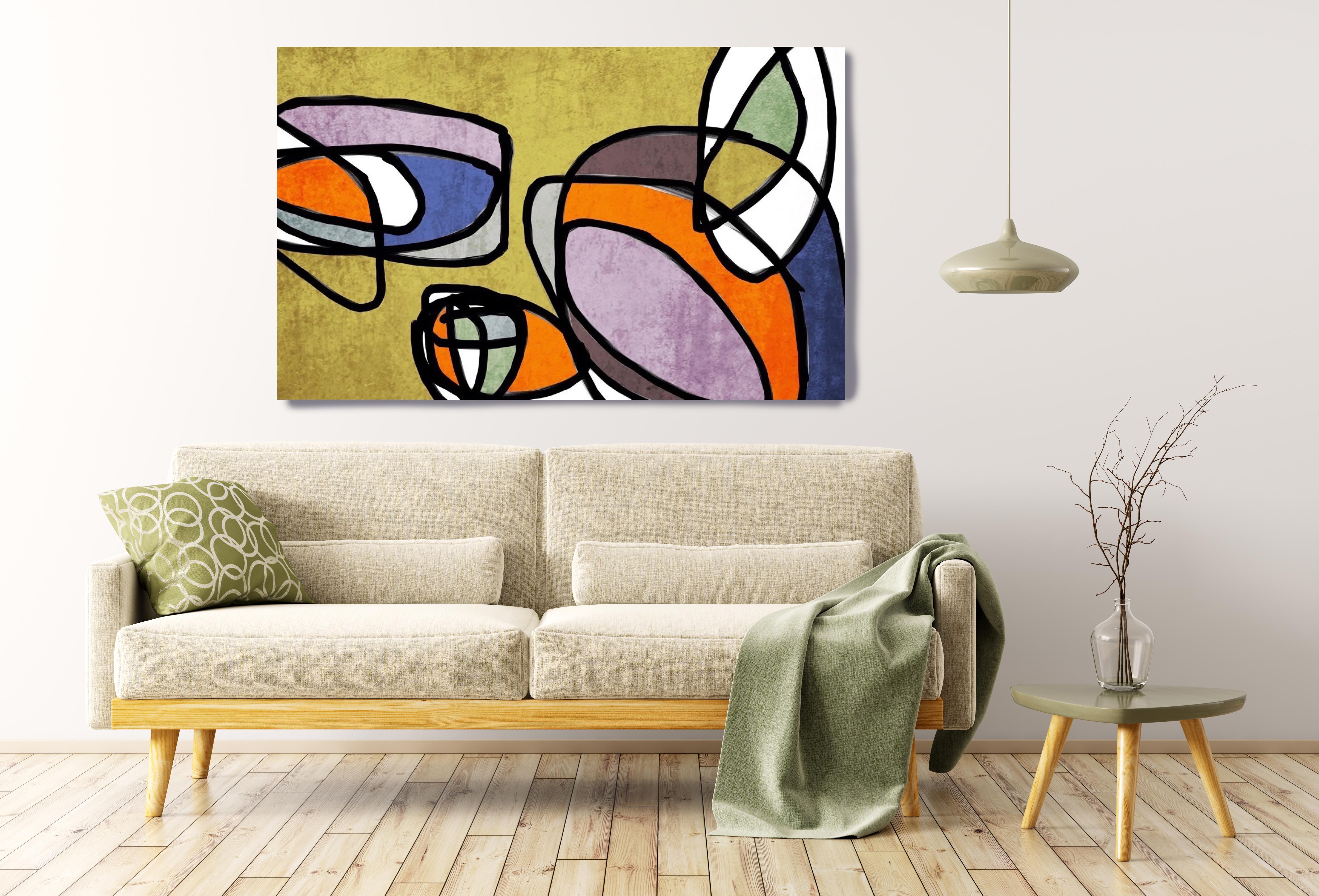 Orange Green Blue Mid Century Modern Painting Hand Embellished Giclee on Canvas - Brown Interior Painting by Irena Orlov