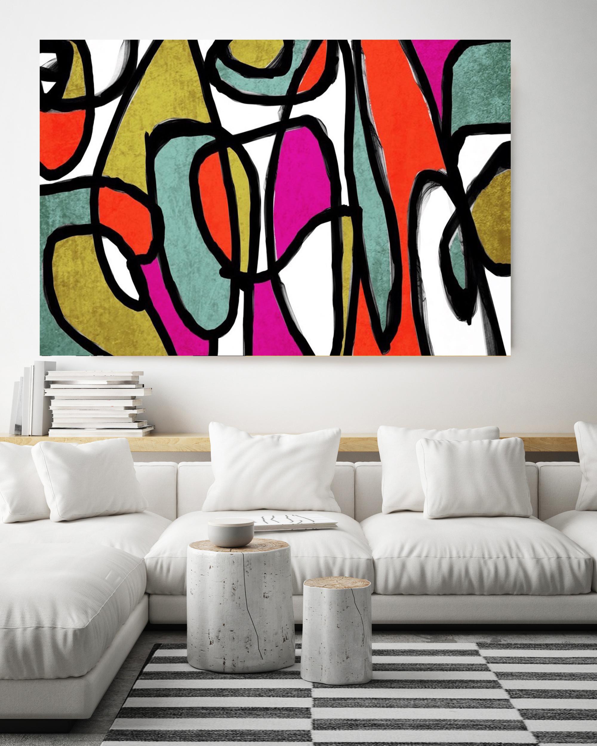 Sage Teal Pink Mid Century Modern Painting Hand Embellished Giclee on Canvas - Print by Irena Orlov