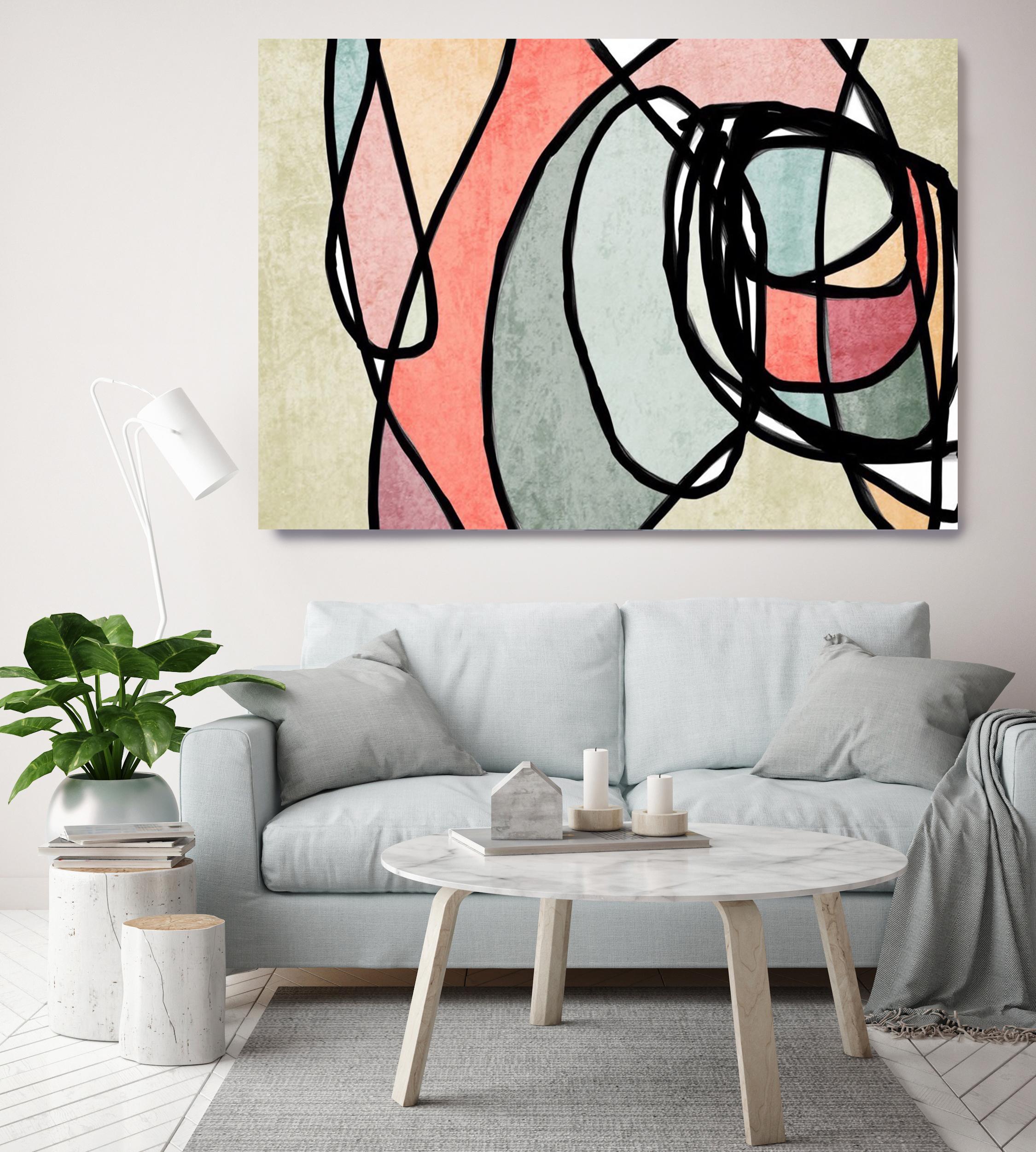 Irena Orlov Interior Painting - Pink Light Teal Mid Century Modern Painting Hand Embellished Giclee on Canvas