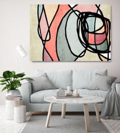 Pink Light Teal Mid Century Modern Painting Hand Embellished Giclee on Canvas