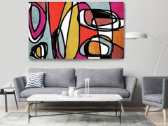 Red Yellow Blue Mid Century Modern Painting Hand Embellished Giclee on Canvas