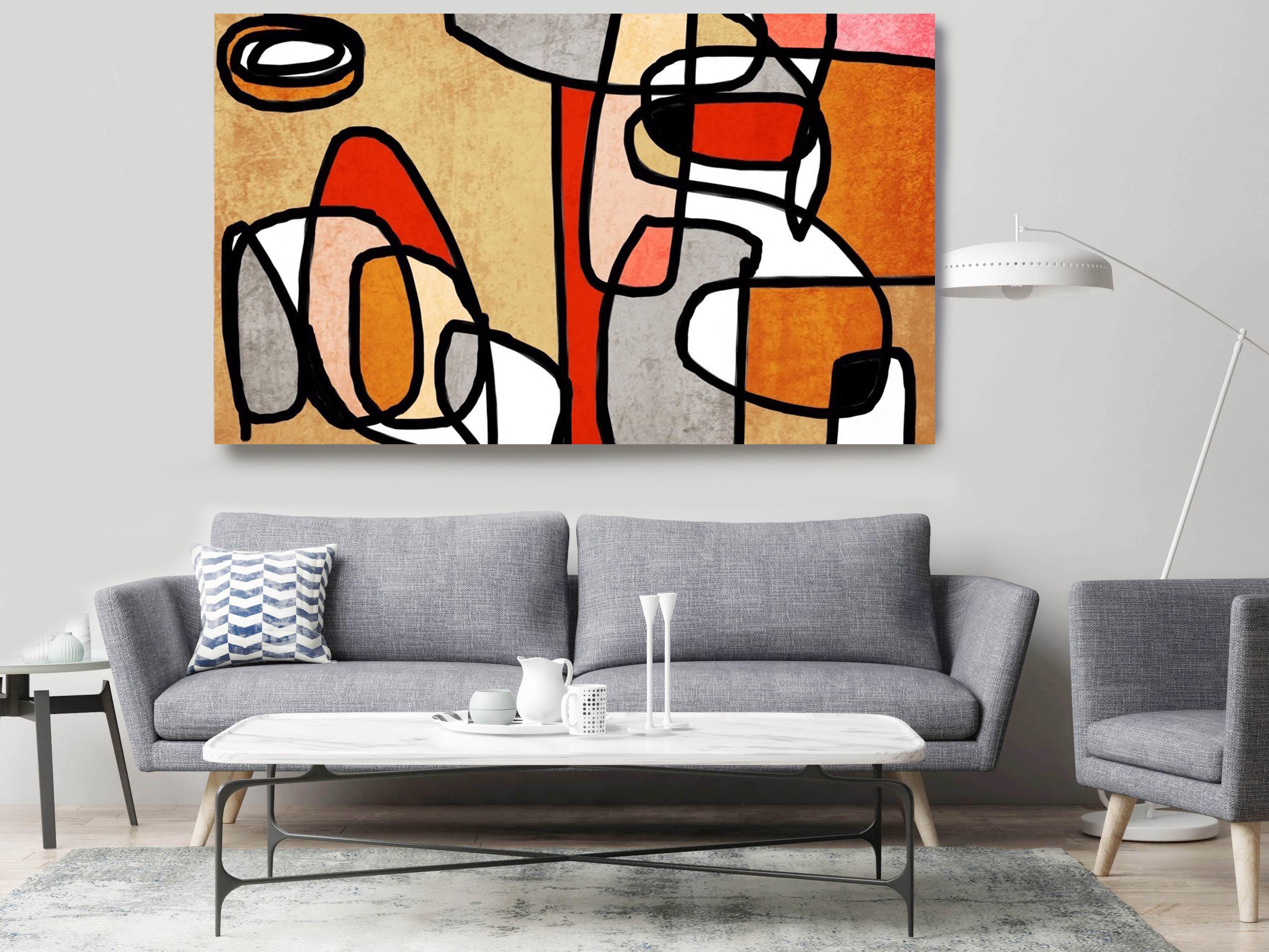 Irena Orlov Abstract Print - Red Orange Grey Mid Century Modern Painting Hand Embellished Giclee on Canvas