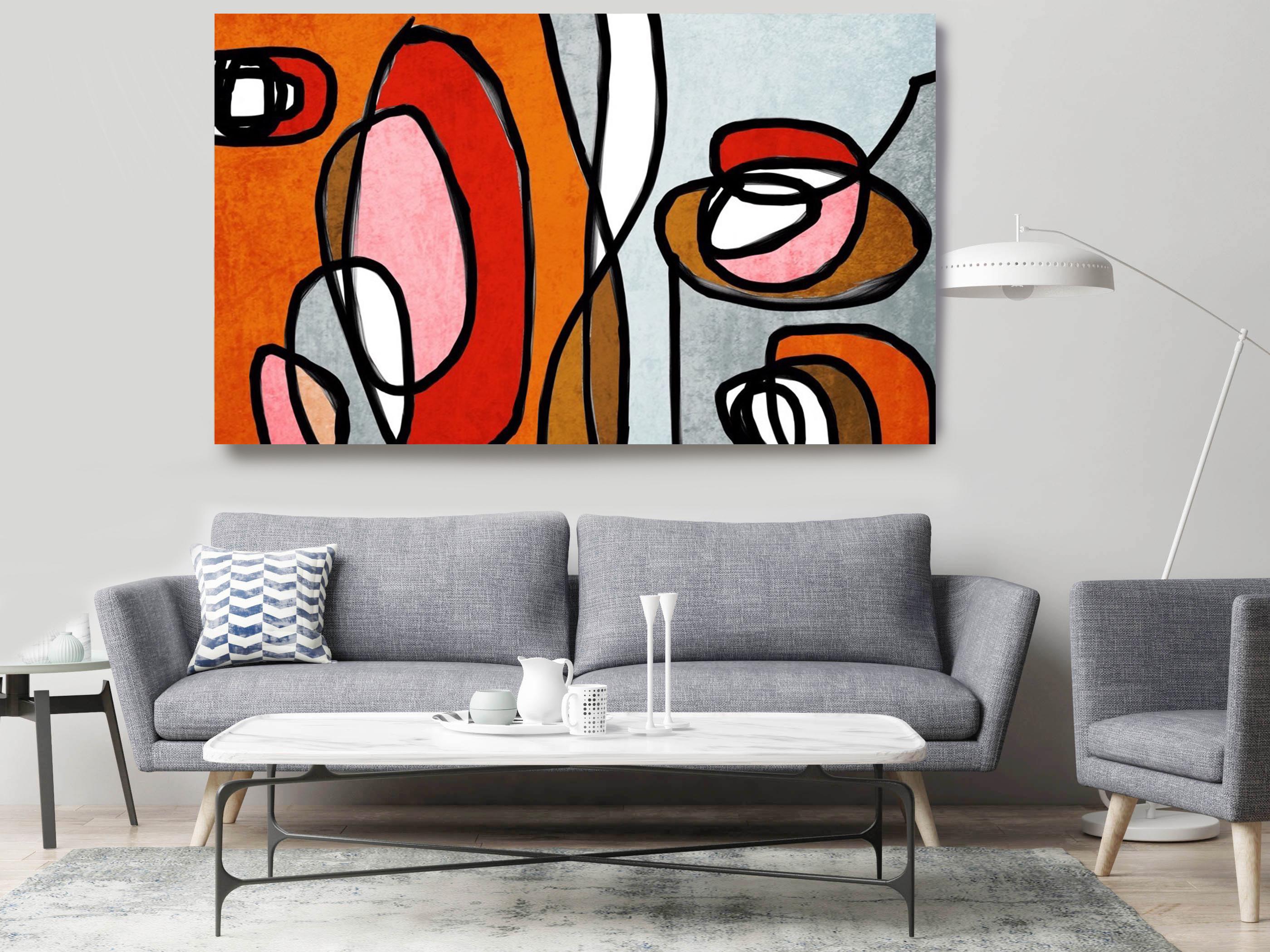 Irena Orlov Interior Painting - Red Grey Mid Century Modern Painting Hand Embellished Giclee on Canvas