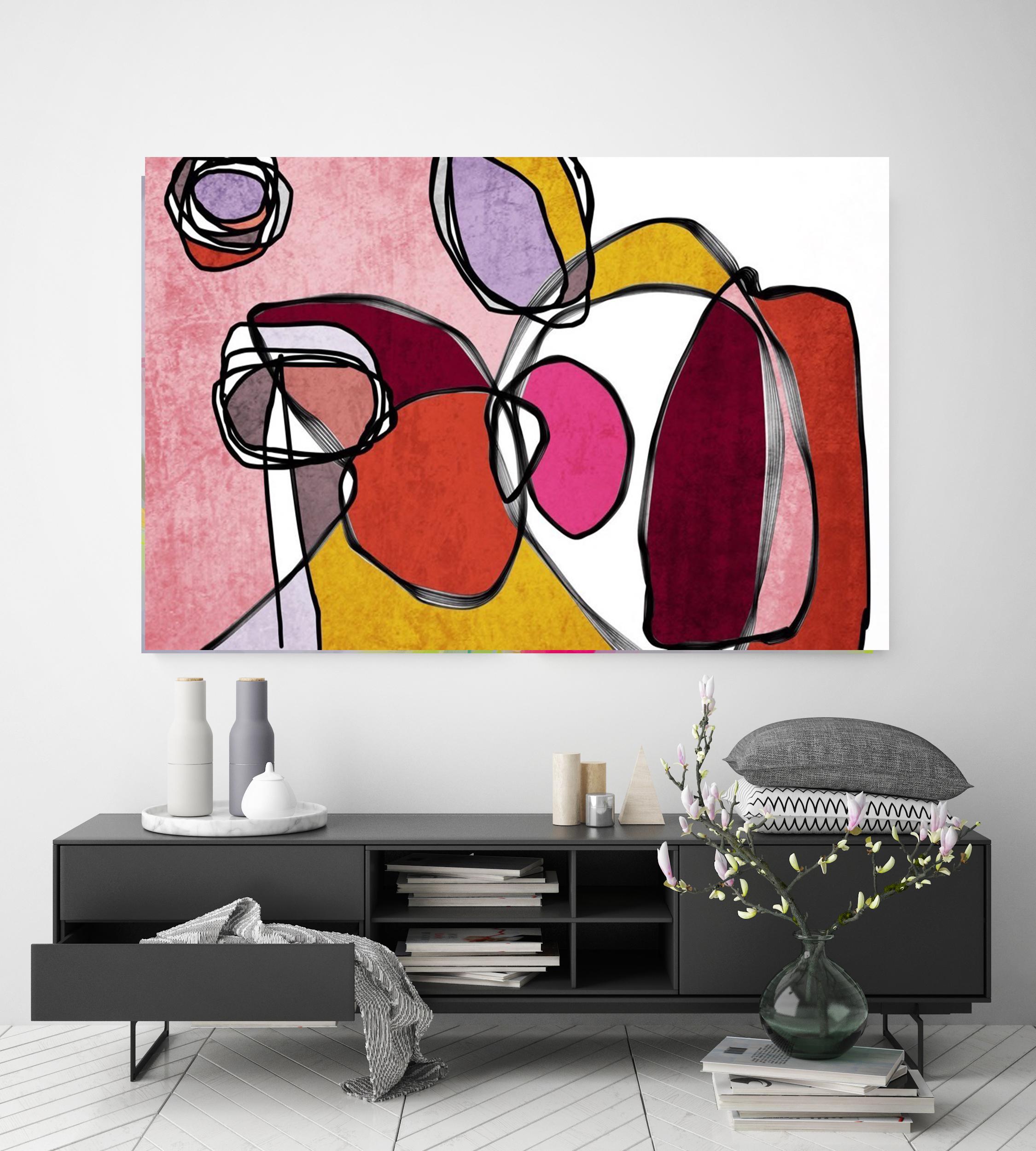 Irena Orlov Interior Painting - Pink Colorful Mid Century Modern Painting Hand Embellished Giclee on Canvas