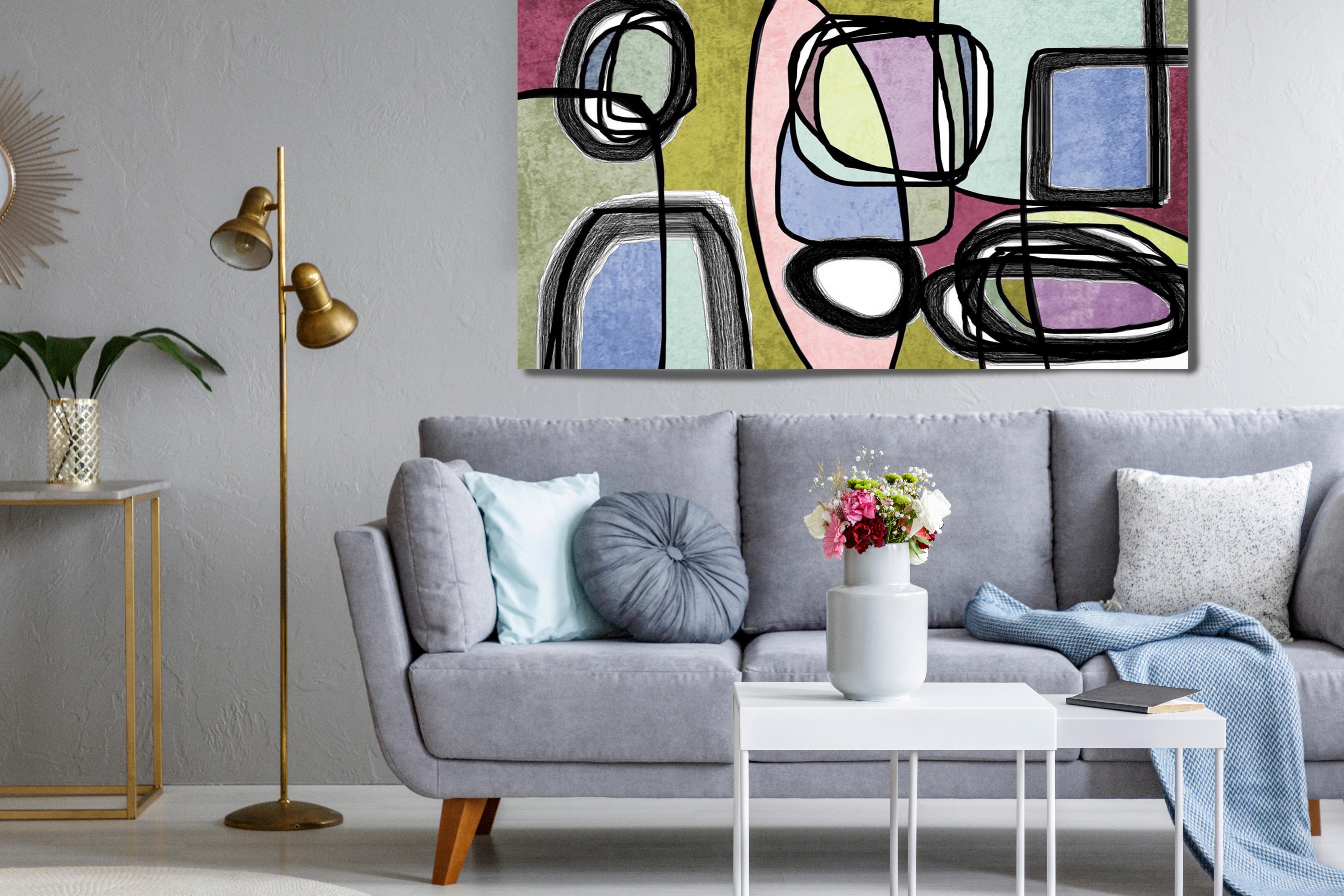 Pink Light Blue Mid Century Modern Painting Hand Embellished Giclee on Canvas - Gray Interior Painting by Irena Orlov